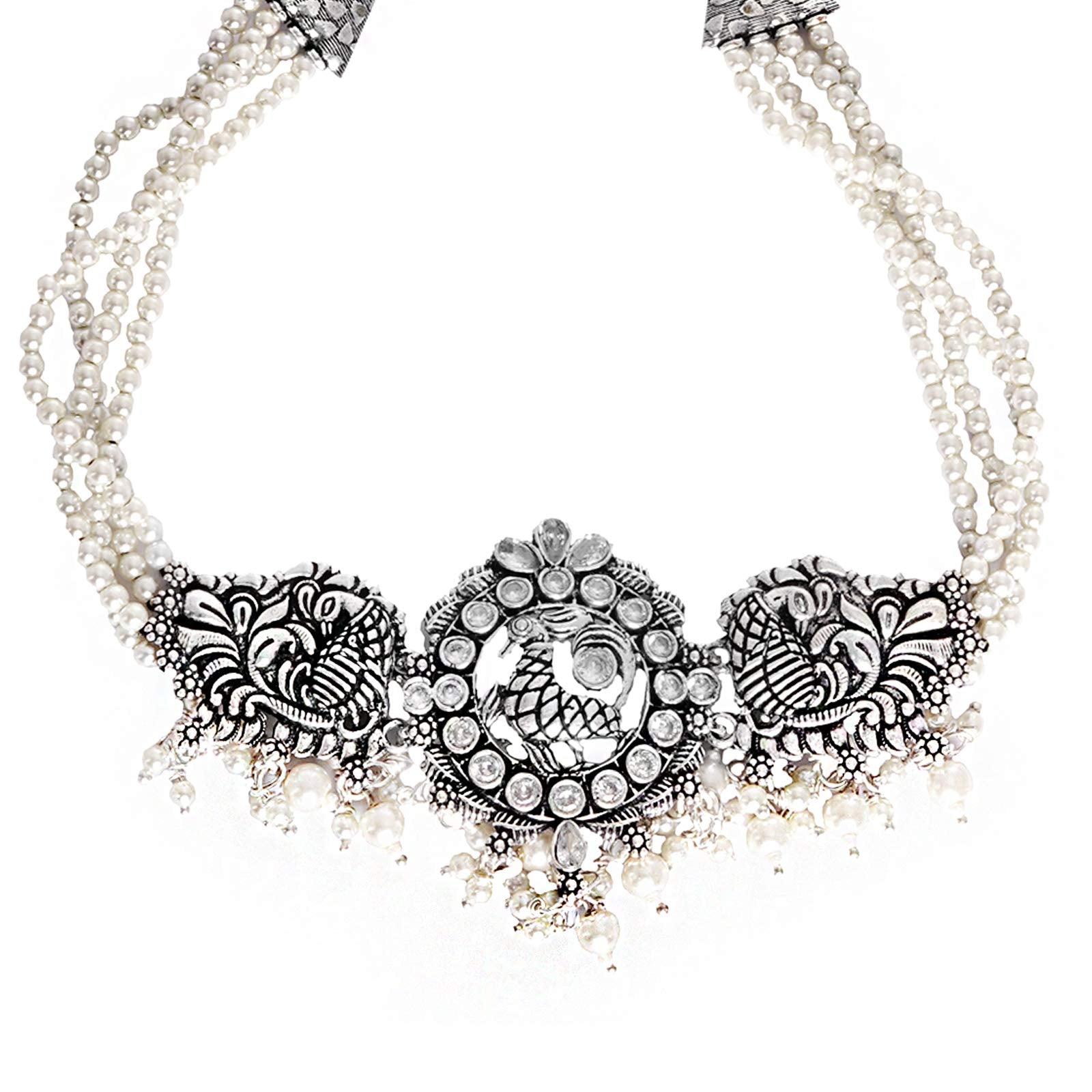 TEEJH Darshika Silver Oxidised Pearl Choker Necklace Set For Women - view 4
