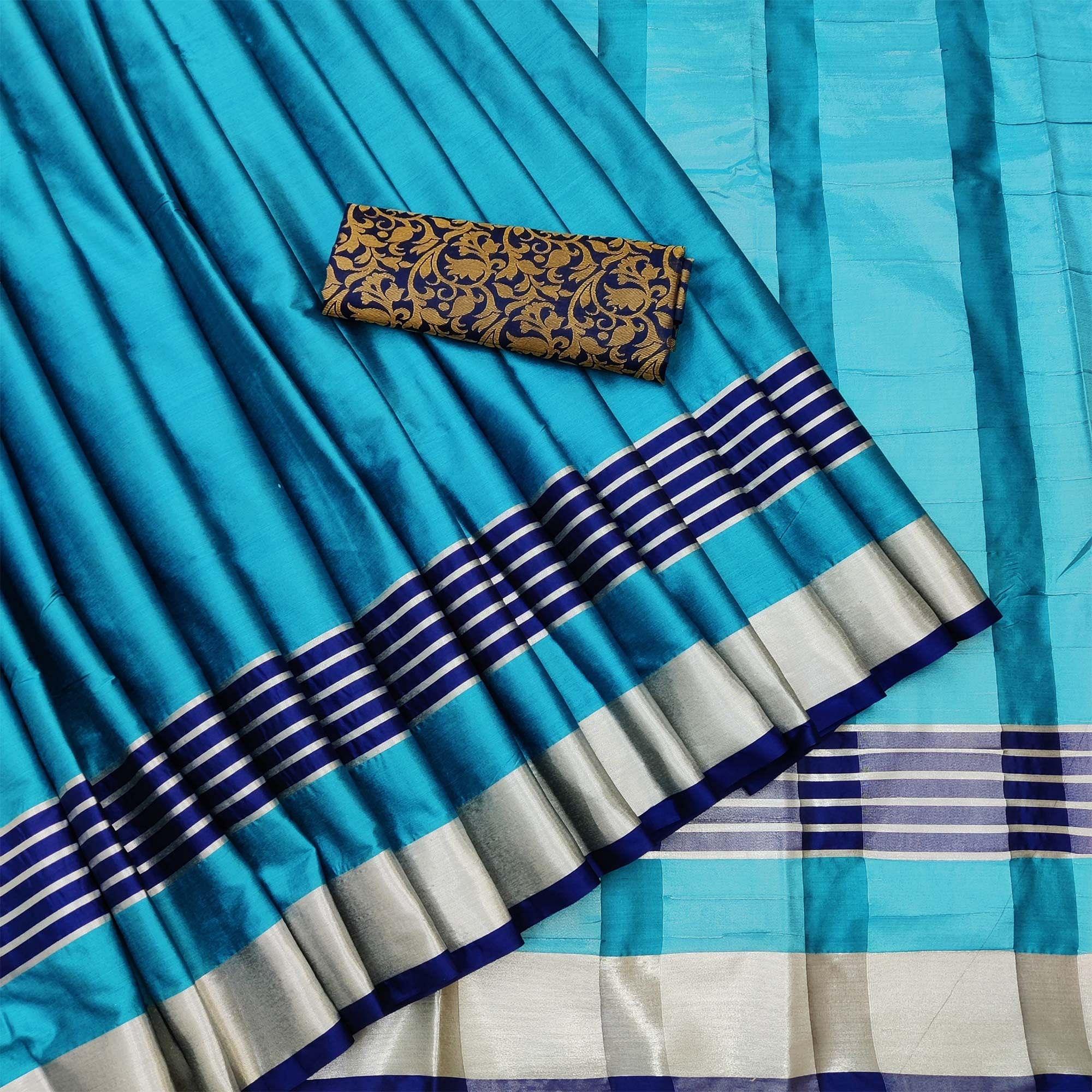 Peachmode Lovely Ferozi Coloured Casual Wear Zari Border Cotton Saree