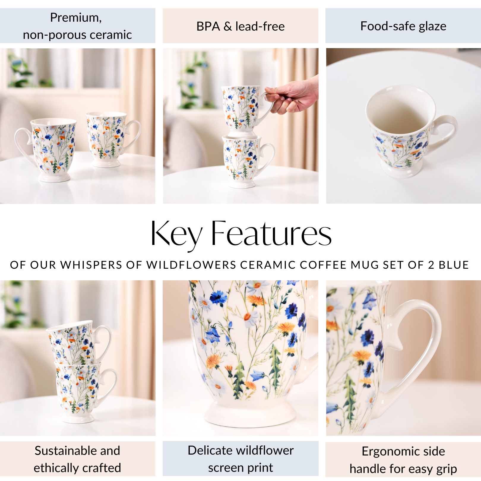 Nestasia Victorian Garden Ceramic Coffee Mug Set Of 2 Blue 400ml - view 5
