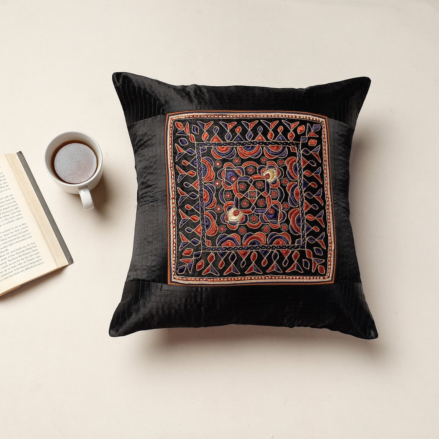 QASAB Black - Kutch Pakko Hand Embroidery Mashru Silk Cushion Cover (16 x 16 in)