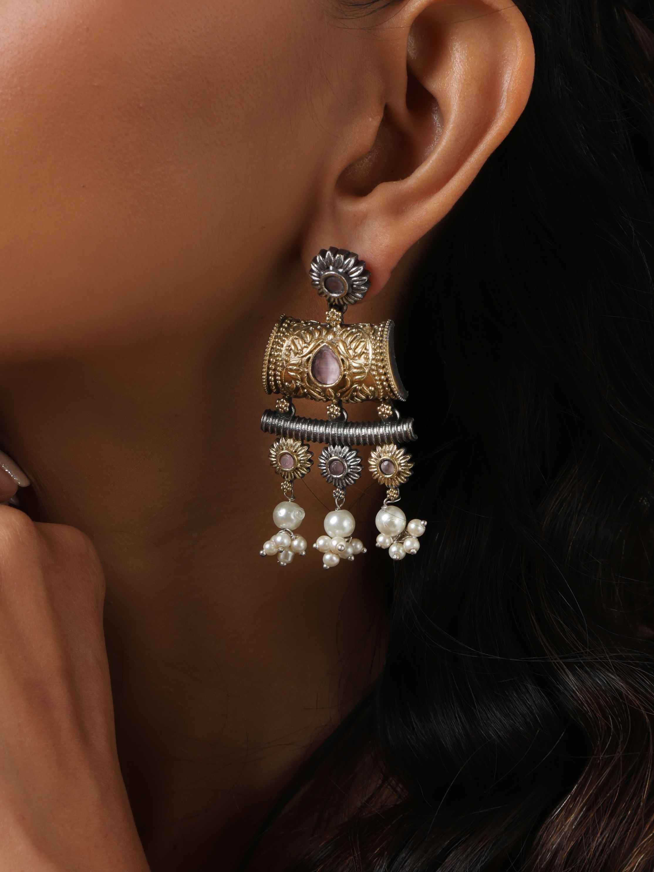 trueBrowns Silver Gold Tone Dangle Earrings - view 3