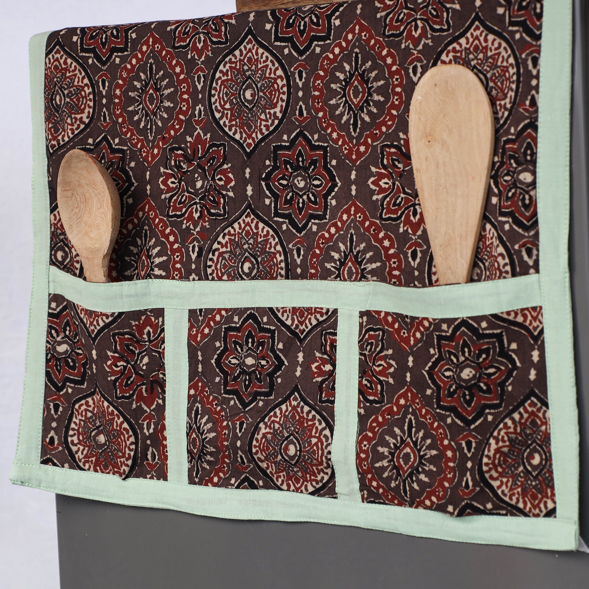 JALPARI Brown - Ajrakh Block Printed Cotton Fridge Top Cover with Multiple Pockets - view 2