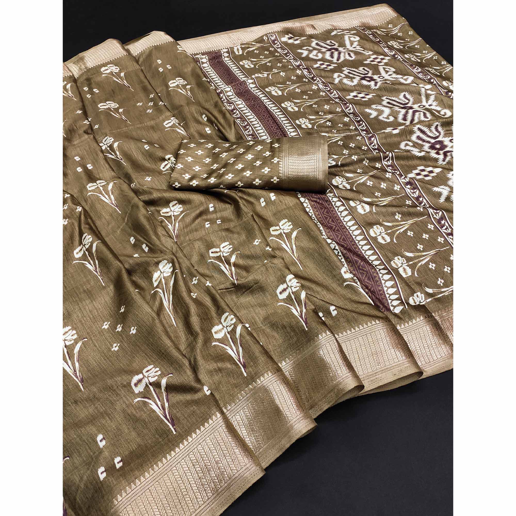 Peachmode Mehandi Green Floral Printed Dola Silk Saree - view 3