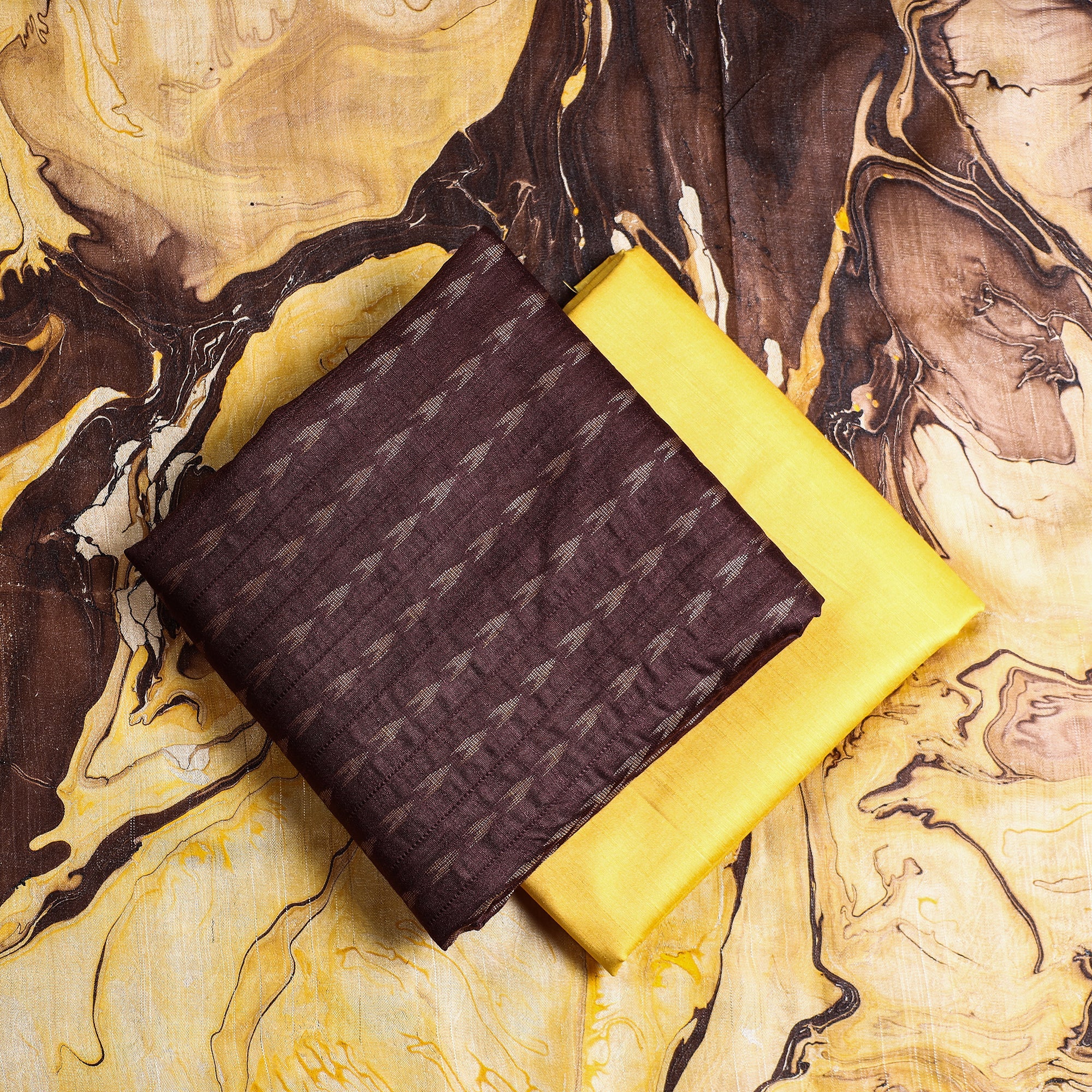 RUISA Brown - 3pc Handloom Mulberry Suit Material Set with Banana Silk Marble Printed Dupatta - view 2