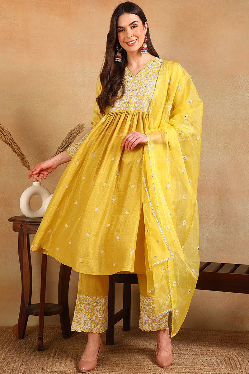 Ahika Plus Size Yellow Silk Blend Solid Yoke Design Flared Style Suit Set PKSKD2125