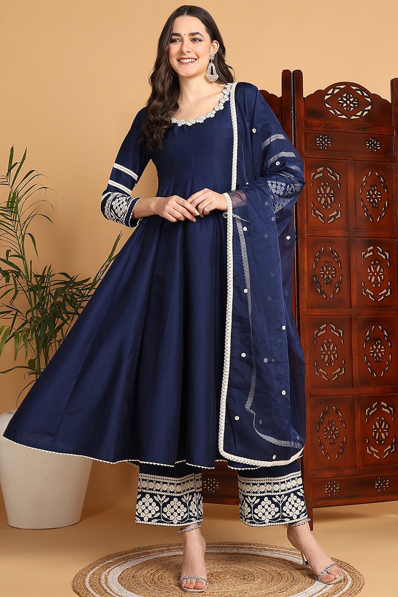 Ahika Navy Blue Silk Blend Solid Embroidered Anarkali Suit Set PKSKD2212