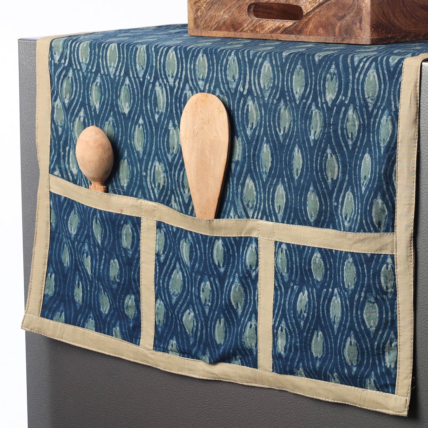 JALPARI Blue - Ajrakh Block Printed Cotton Fridge Top Cover with Multiple Pockets - view 2