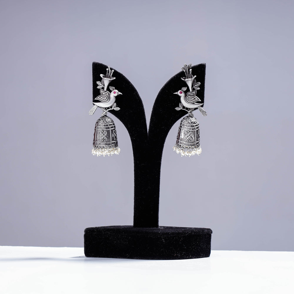 WHITE RIVER STORIES Antique Silver Finish Oxidised Brass Base Jhumki Earrings
