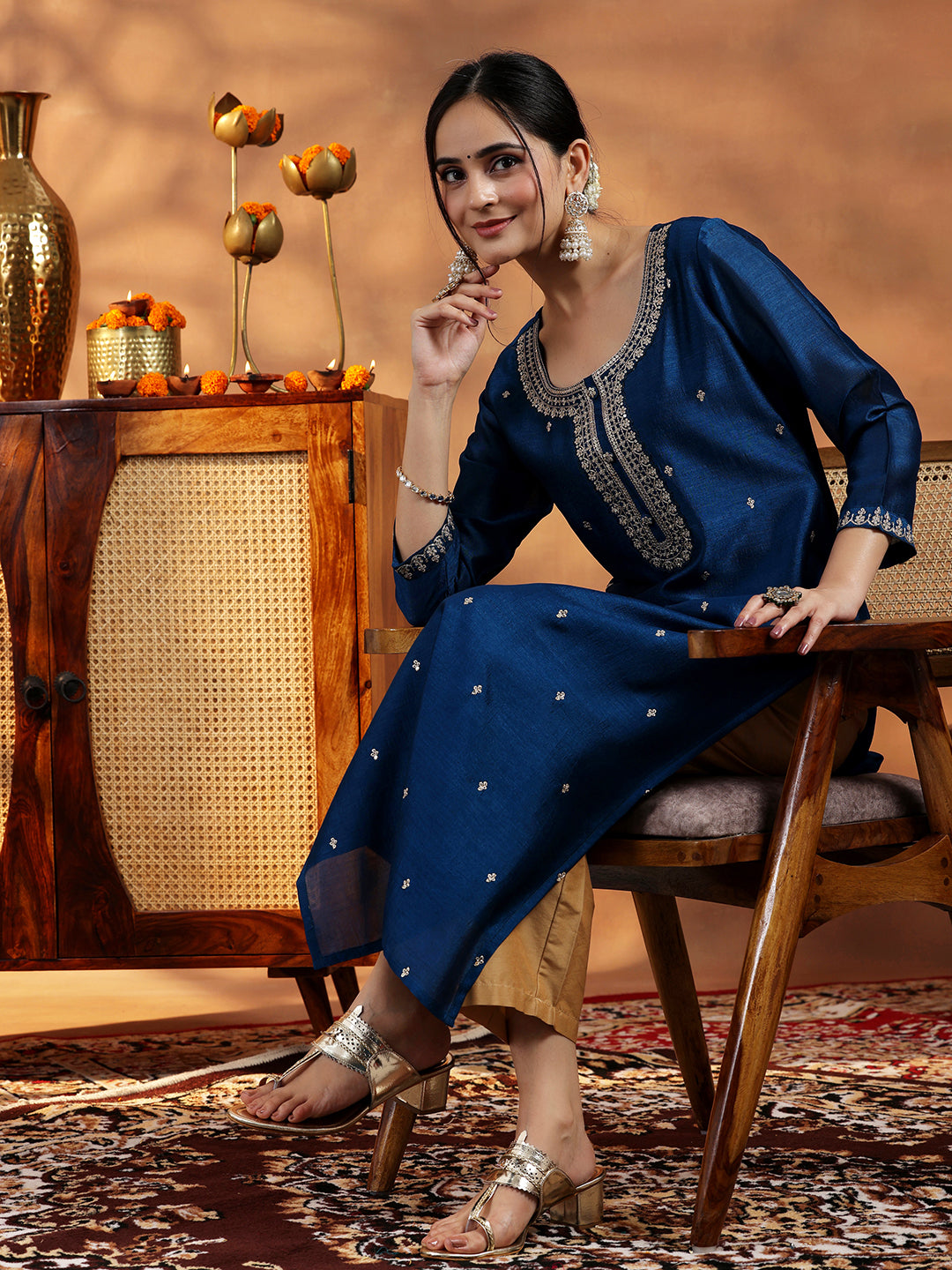 Libas Blue Embroidered Silk Straight Kurta