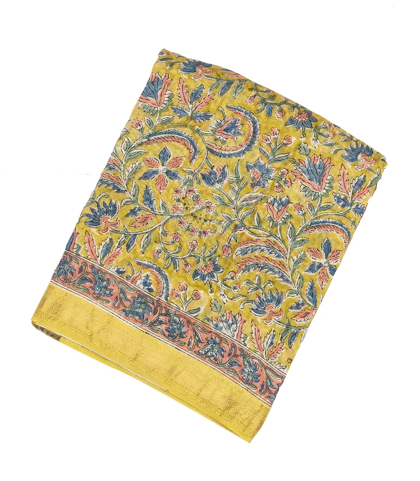 RmKV Lime Green Handloom Chanderi Cotton Saree With Printed Floral Motifs