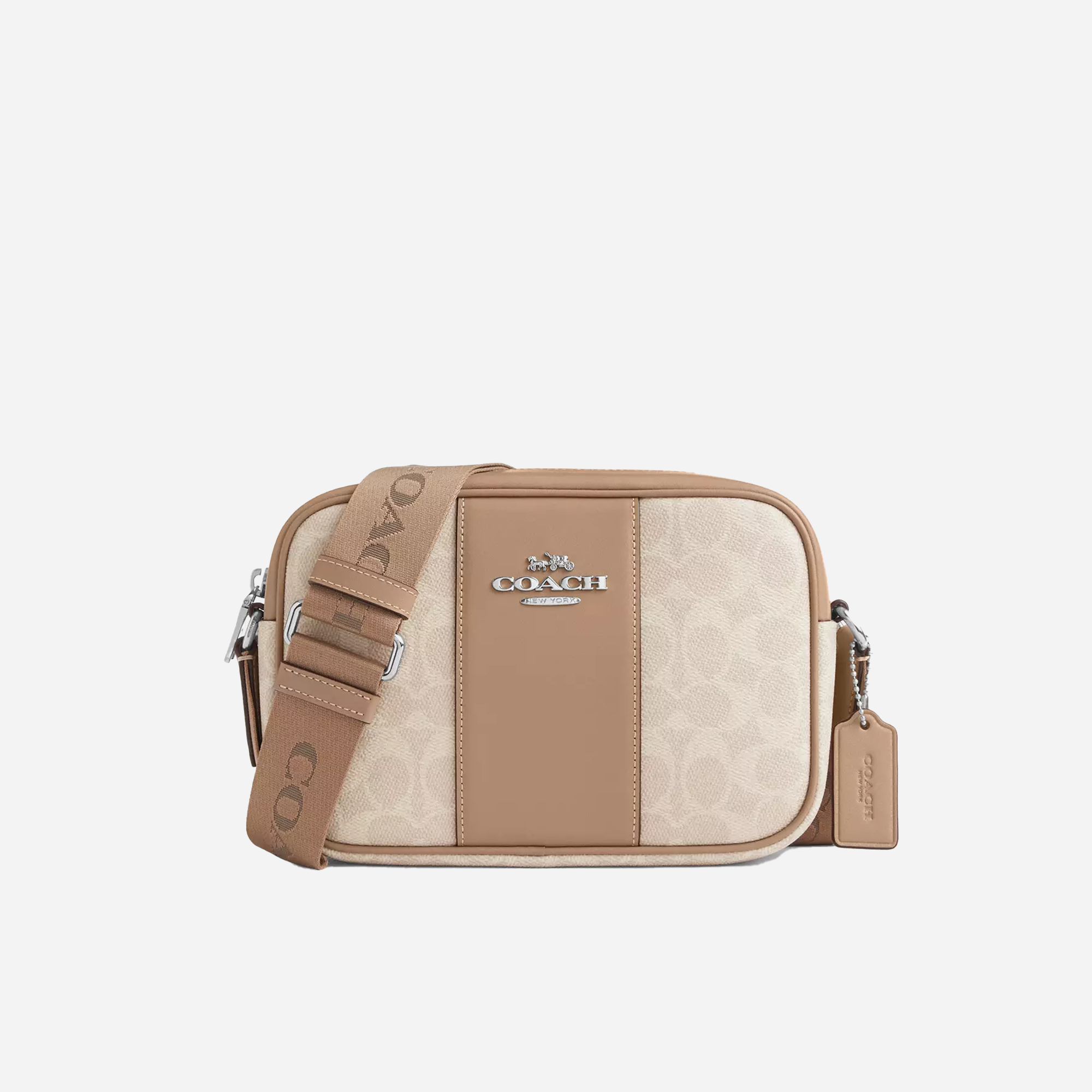 COACH Jamie Camera Bag In Signature Canvas With Stripe Silver/Sand/Taupe