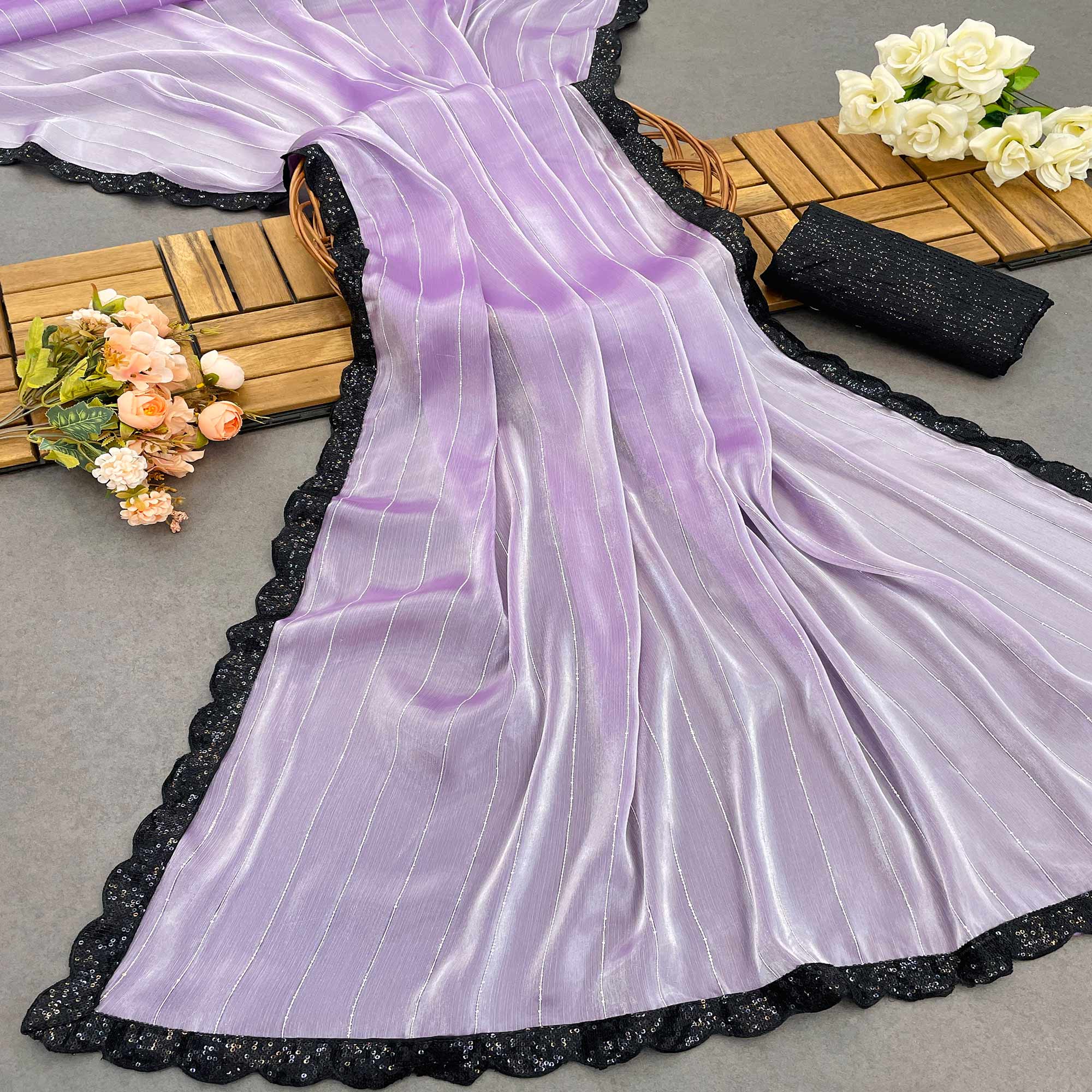 Peachmode Lavender Sequins Embroidered Chiffon Saree