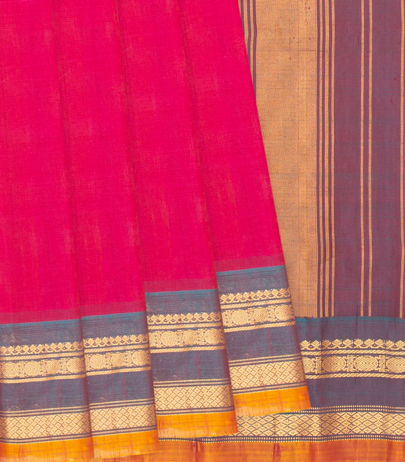 RmKV Hot Pink Handloom Gadwal Cotton Saree With Contrast Border-Hot Pink