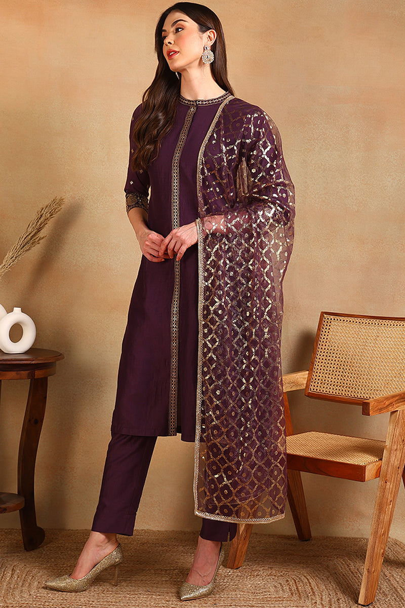 Ahika Purple Silk Blend Embroidered Straight Suit Set PKSKD2370