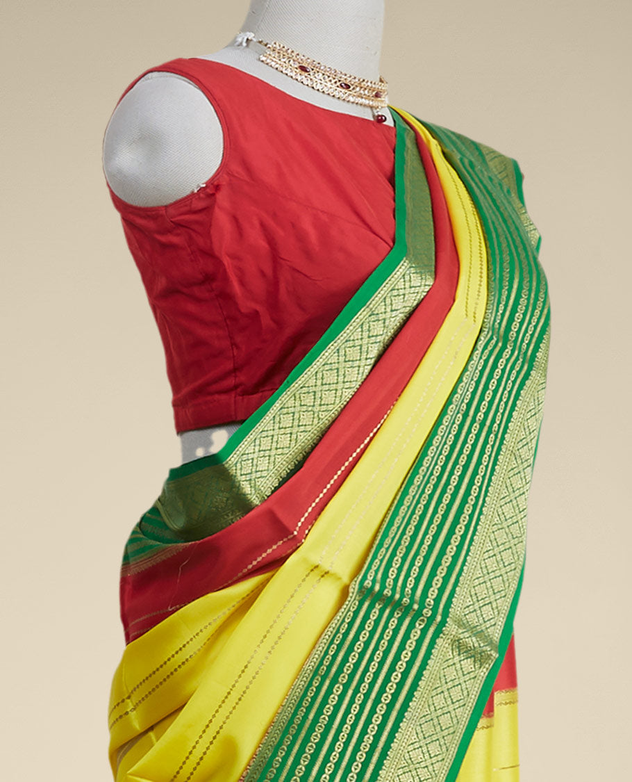 Pothys Yellow striped design mysore silk sare with contrast traditional zari border