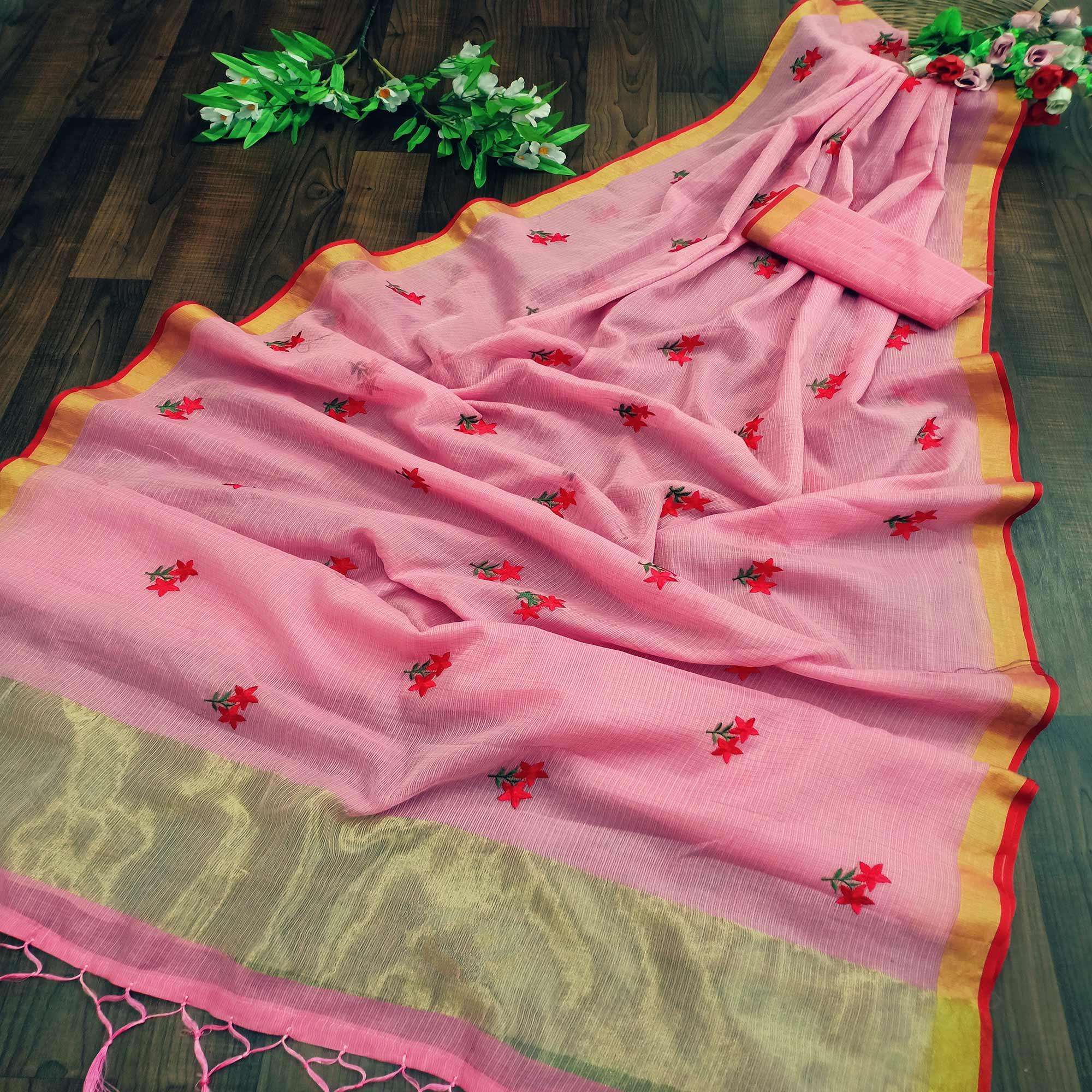 Peachmode Lovely Pink Colored Festive Wear Woven Silk Saree