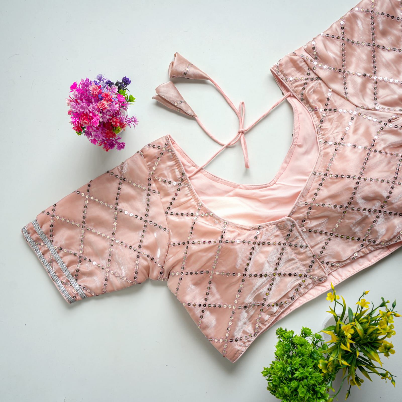 ClothsVilla Peach Color metalic Jimmy Choo Blouse with Exquisite Sequence Embroidery - view 2