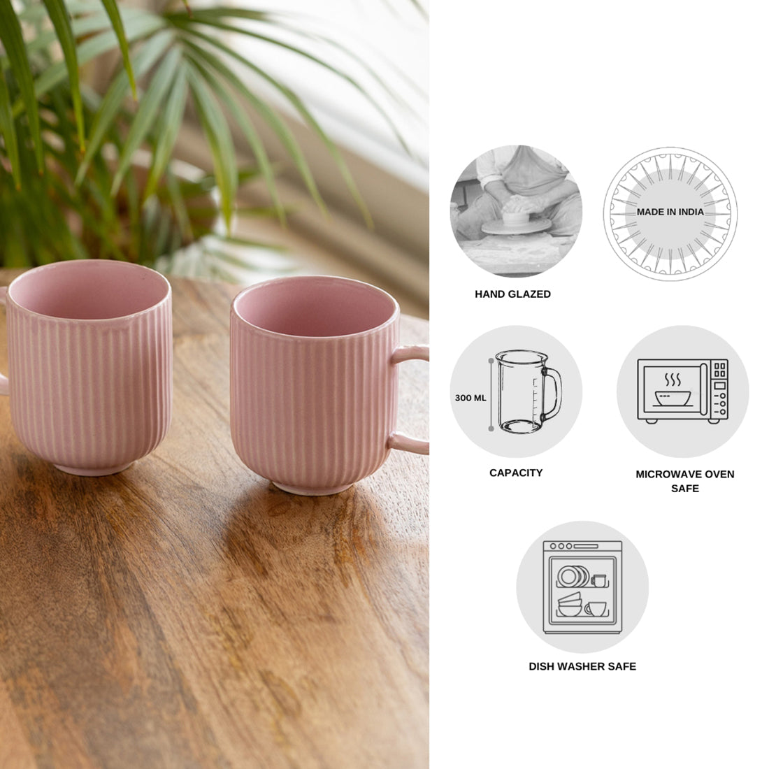 EXCLUSIVELANE 'Coral Reef' Glazed Studio Pottery Ceramic Tea & Coffee Mugs (Set of 2, 300 ml, Pink) - view 4