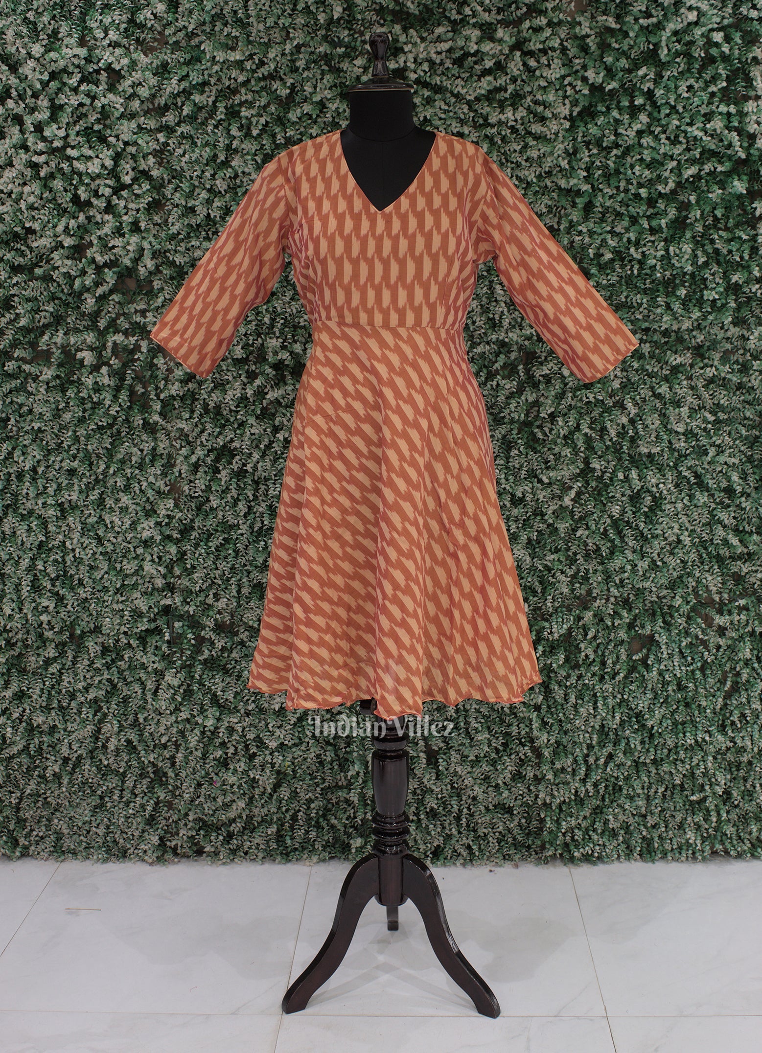 IndianVillèz Orange Pochampally Ikat Designer Cotton Frock