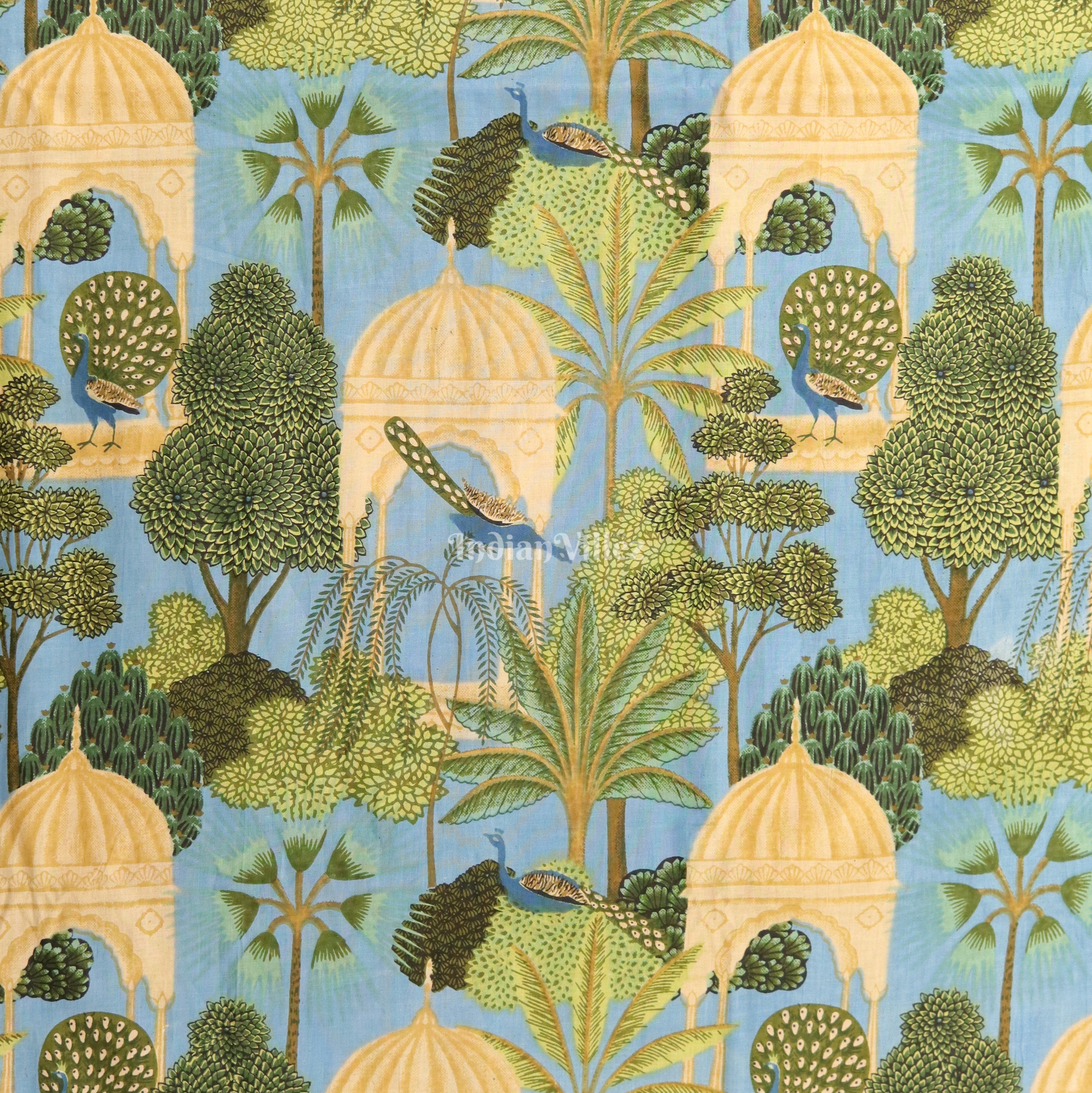 IndianVillèz Sky Green Tree Theme Hand Block Printed Cotton Fabric - view 2