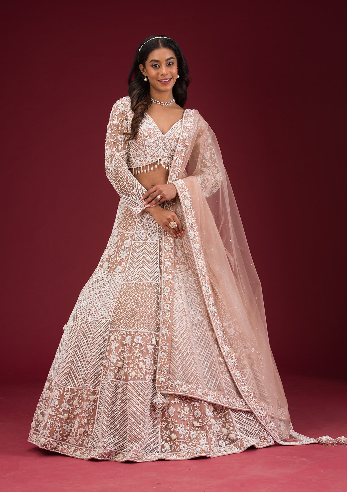 Koskii Light Brown Pearlwork Net Readymade Lehenga