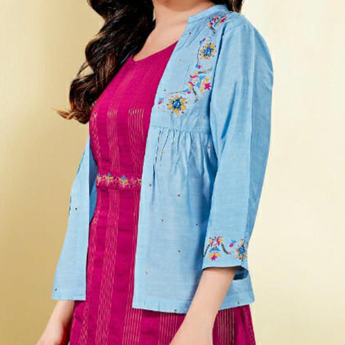Peachmode Capricious Sky Blue - Pink Colored Partywear Embroidered Cotton Silk Kurti With Jacket - view 2