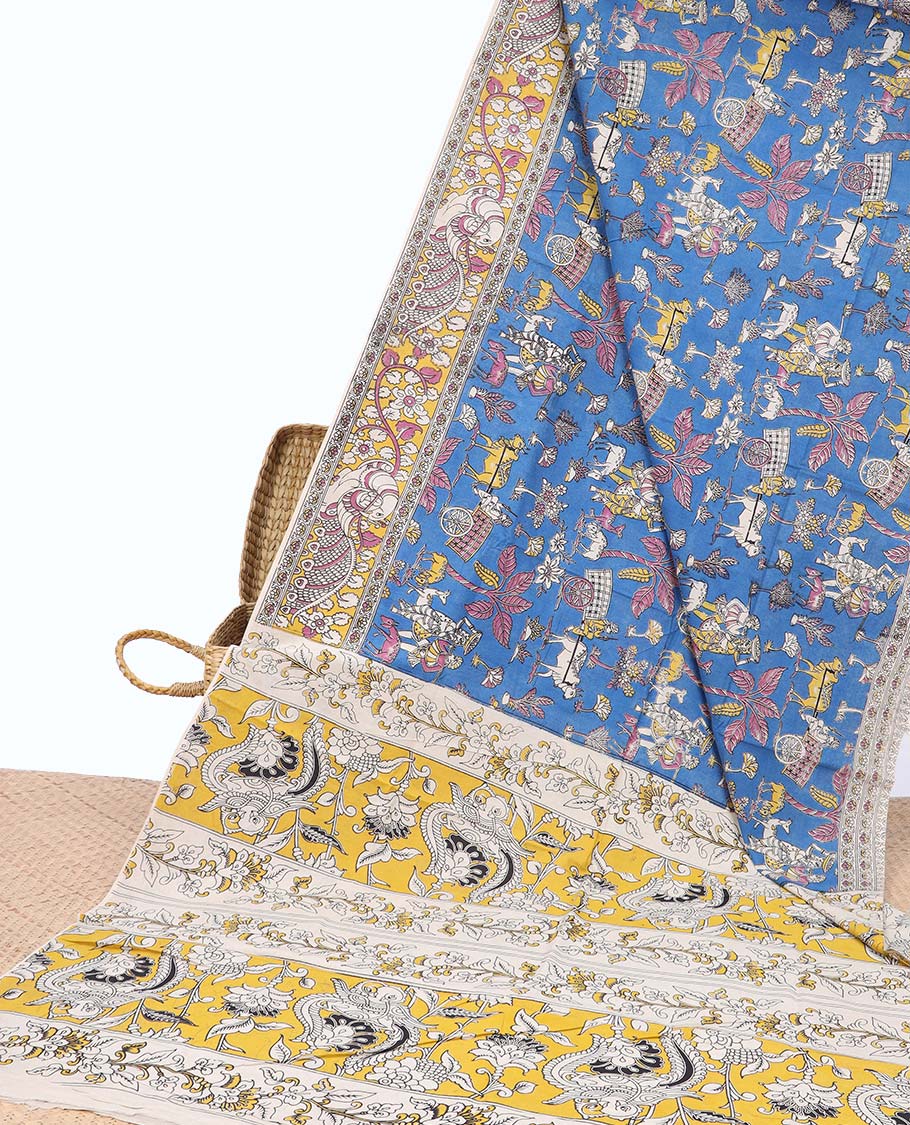 Pothys Blue Village-theme machine-printed kalamkari cotton saree, contrast floral & peacock border & intricate pallu