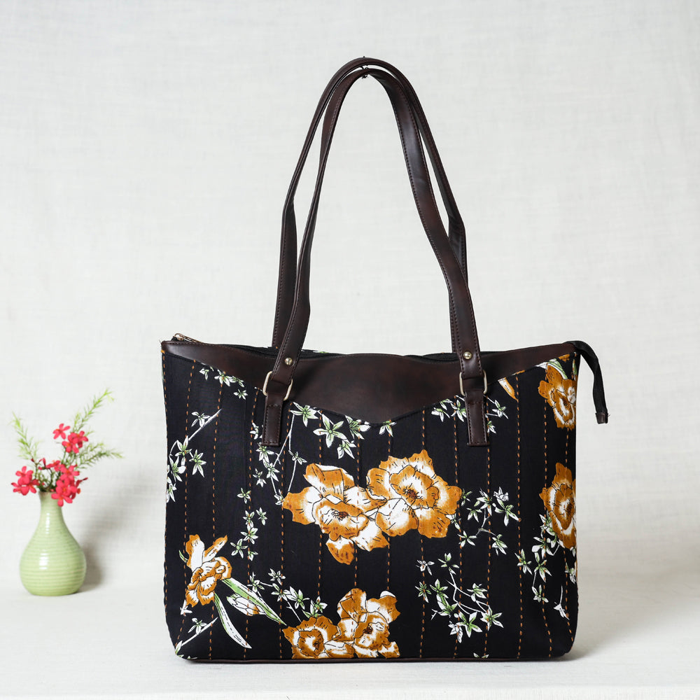 KACHCHH JI CHHAAP Black - Handcrafted Kantha Embroidered Printed Cotton Shoulder Bag