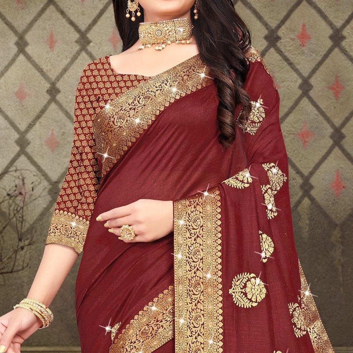 Peachmode Maroon Woven With Embellished Vichitra Silk Saree - view 2