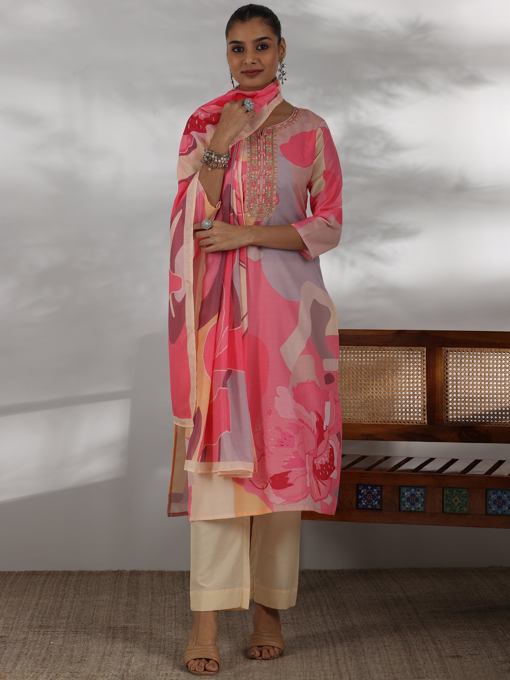 Libas Cream Printed Cotton Blend Straight Suit With Dupatta - view 4