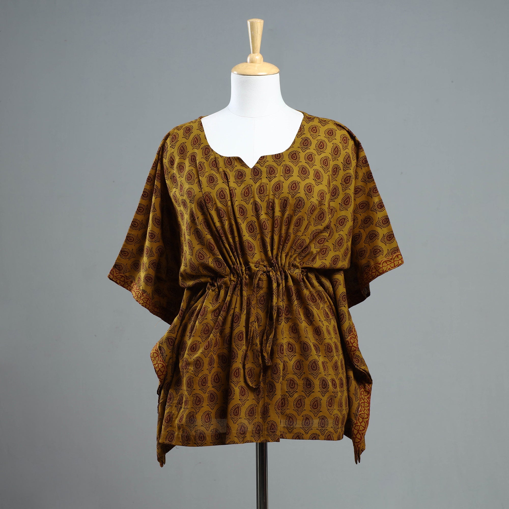 ITOKRI CASUALS Brown - Bagh Block Printed Cotton Kaftan with Tie-Up Waist (Short)