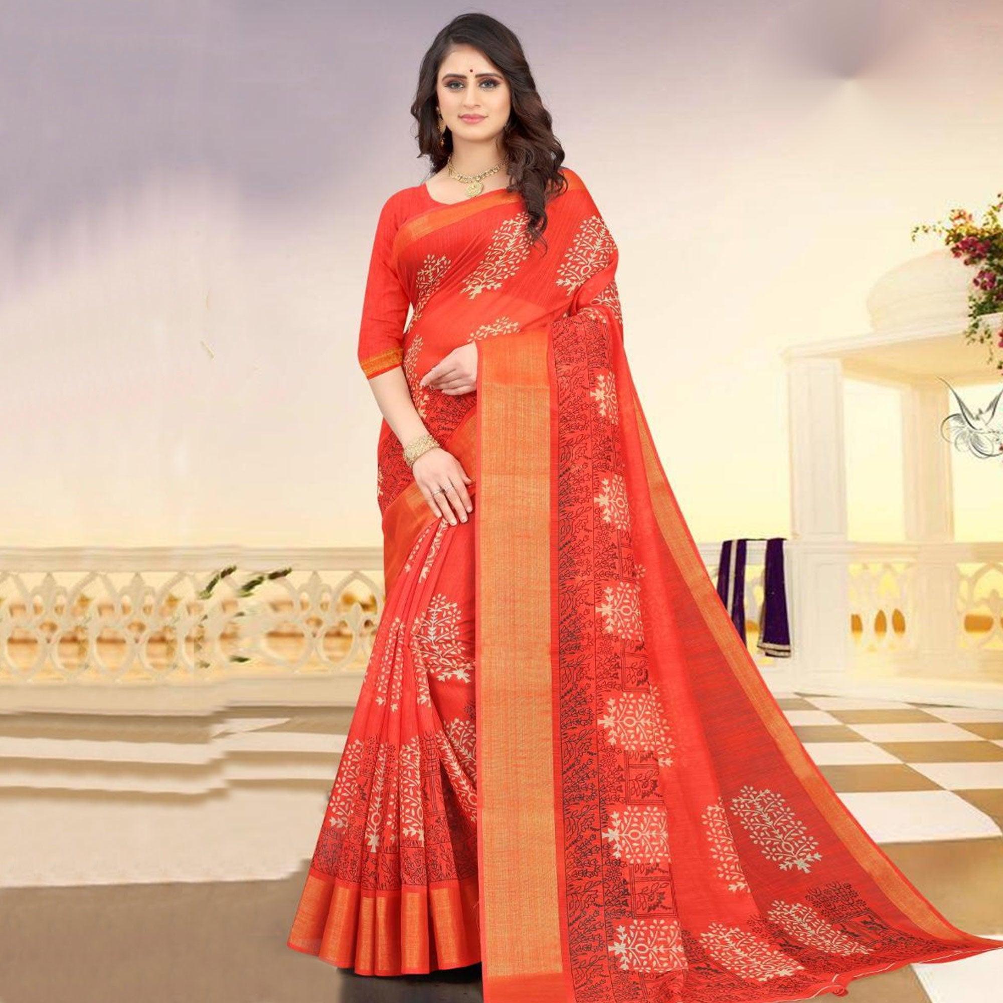 Peachmode Glowing Casual Wear Peach Coloured Digital Kalamkari Printed Cotton Saree