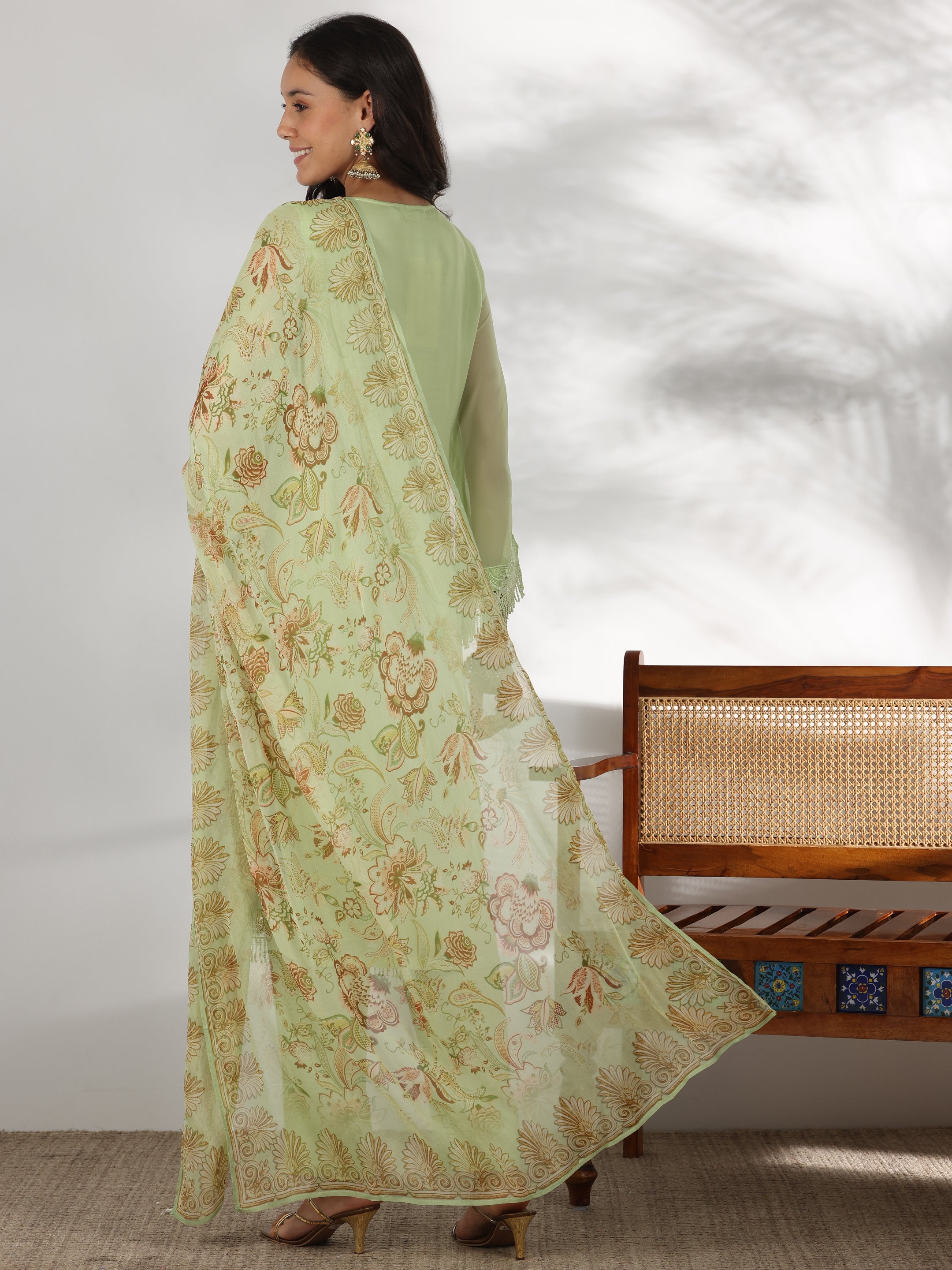 Libas Green Embroidered Organza Straight Suit With Dupatta - view 4