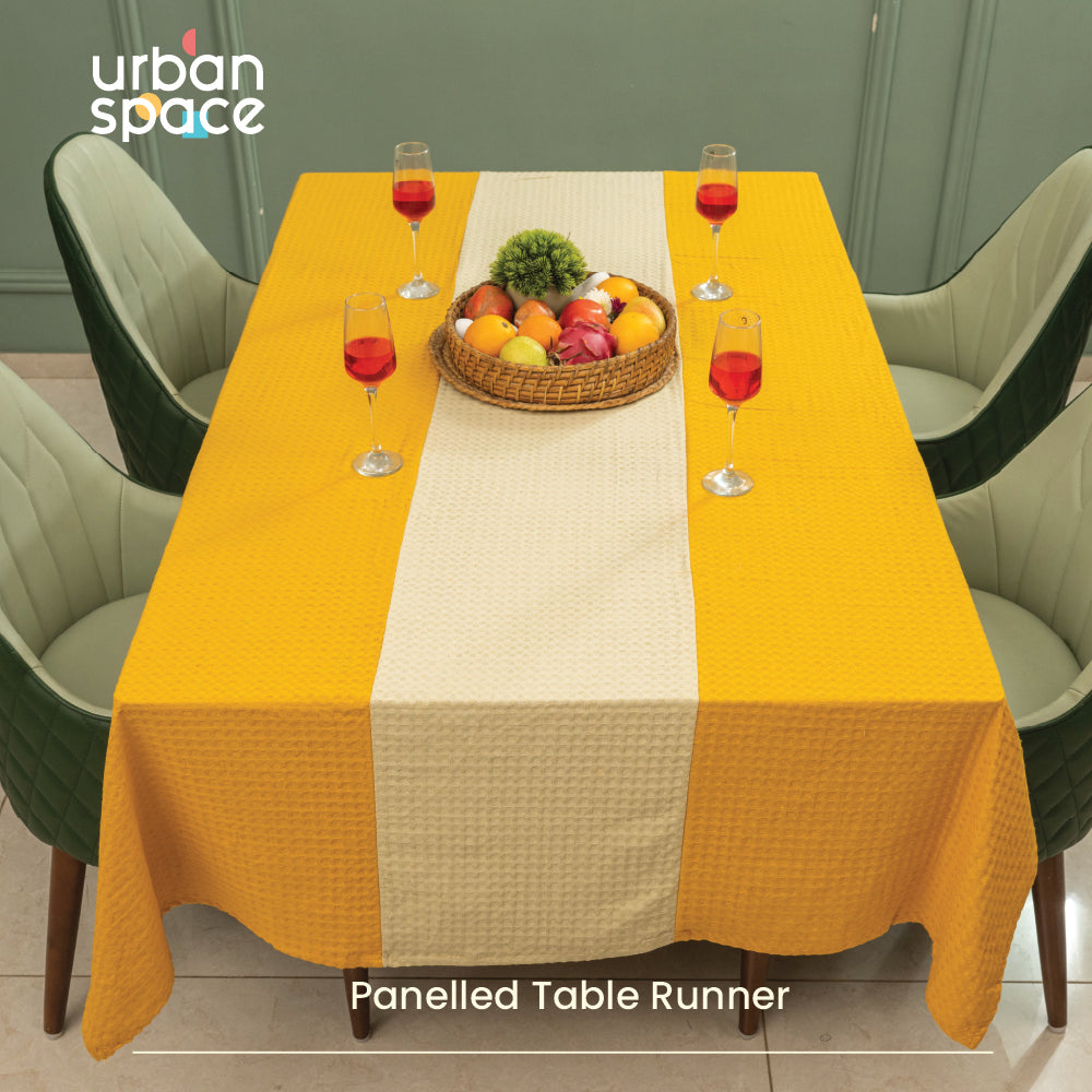 Urban Space Home Furnishing 100% Cotton Waffle Weave Dining Table Cover, Table Cloth with Panelled design - Mustard & Beige - view 2