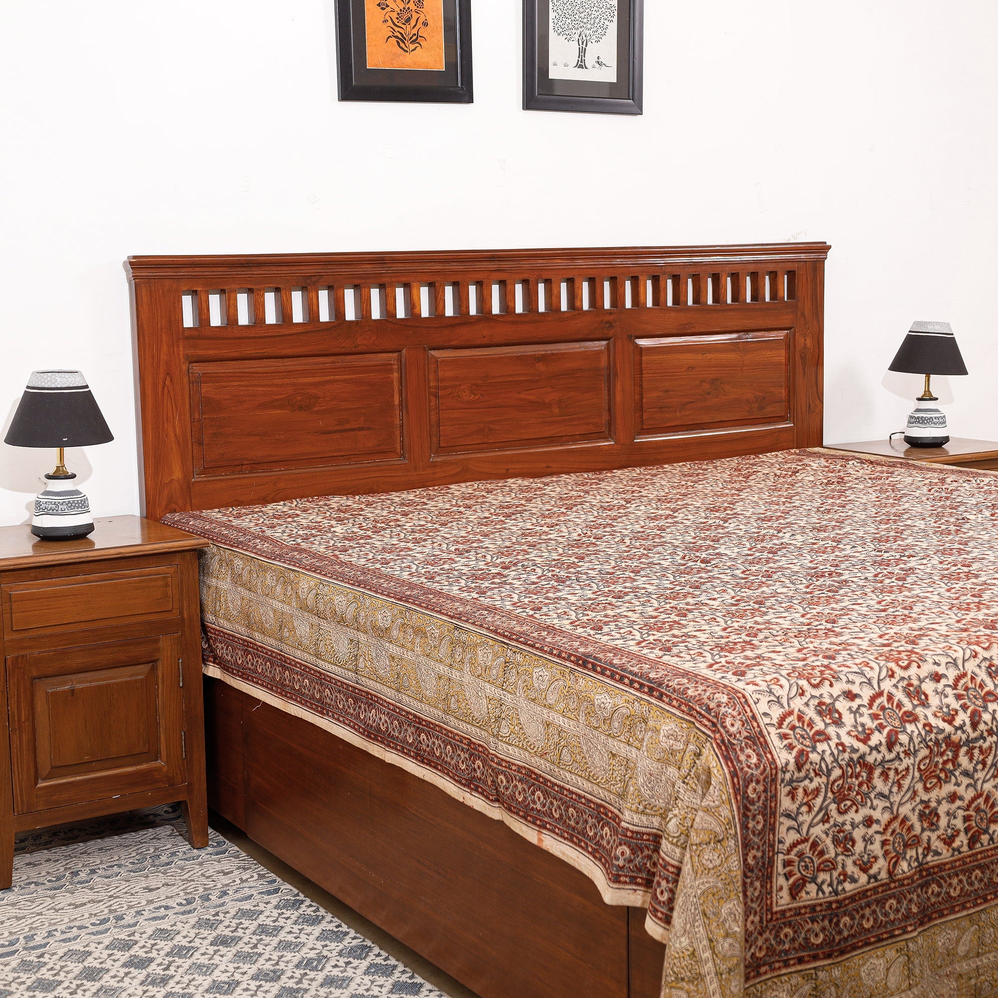PITCHUKA SRINIVAS KALAMKARI PEDANA Beige - Pedana Kalamkari Block Printing Cotton Double Bed Cover (111 x 94 in)