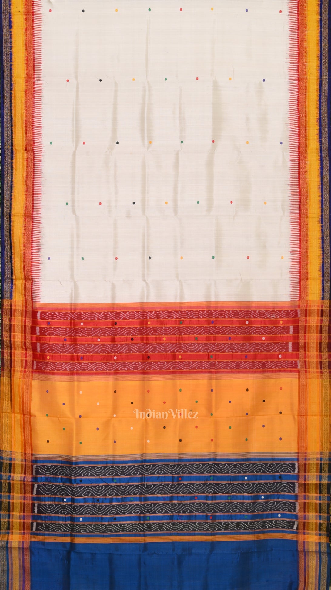 IndianVillèz White with Multicolor Odisha Ikat Kathiphera Khandua Silk Saree