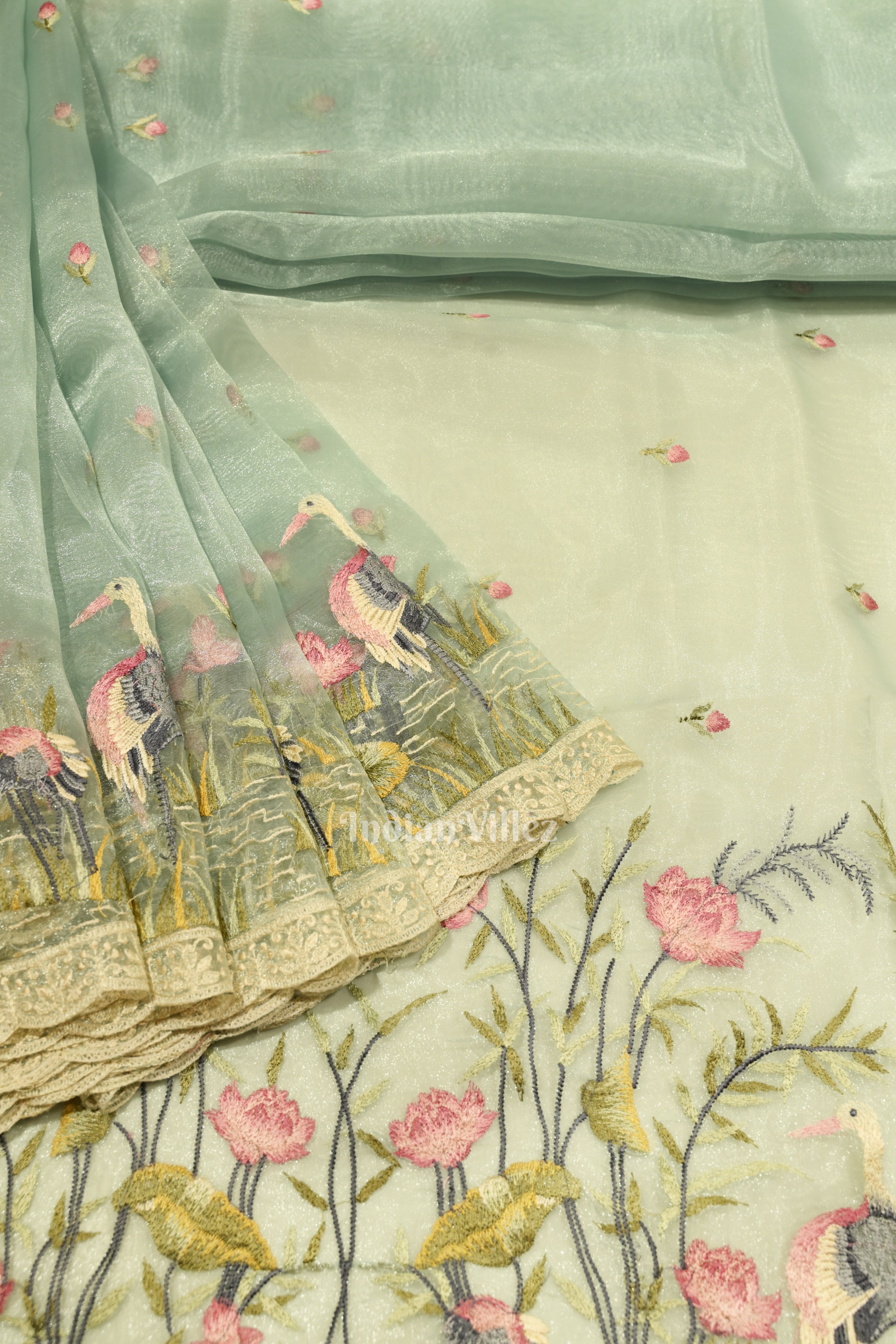 IndianVillèz Light Blue Floral Theme Kora Organza Banarasi Saree