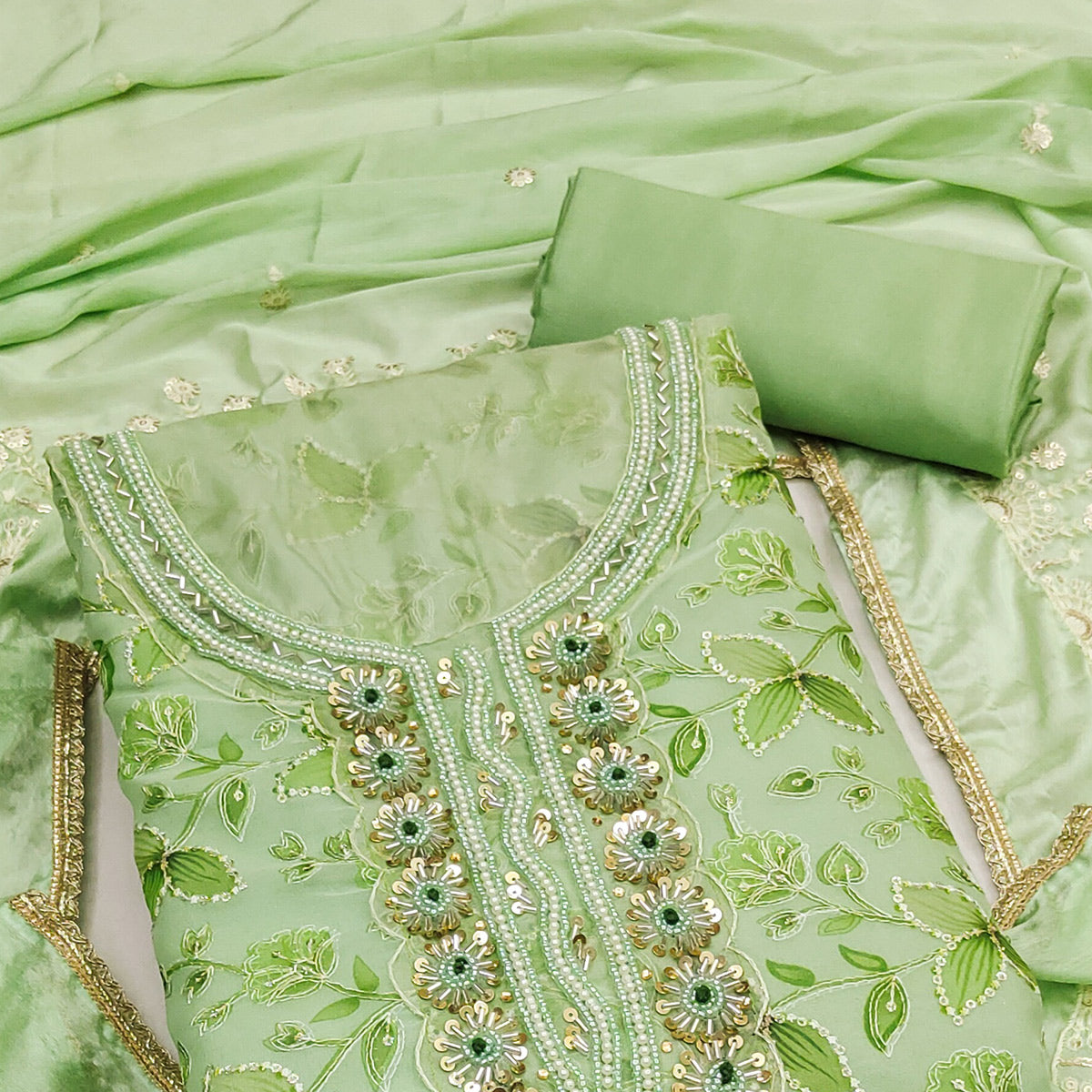 BlackTree green-floral-hand-embroidered-organza-dress-material - view 2