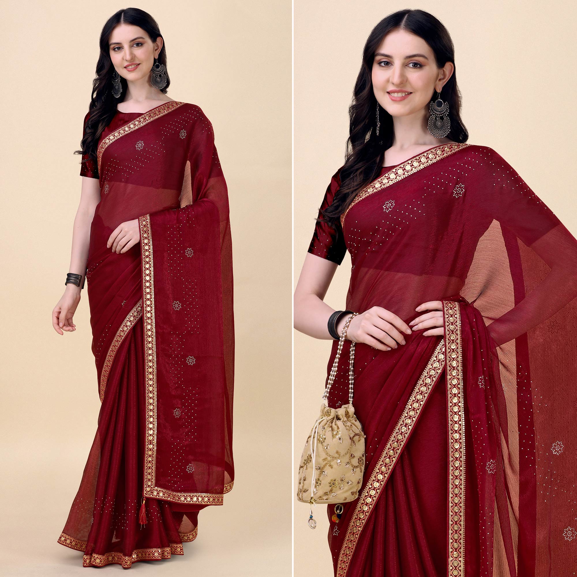 Peachmode Maroon Swarovski With Sequins Embroidered Chiffon Saree