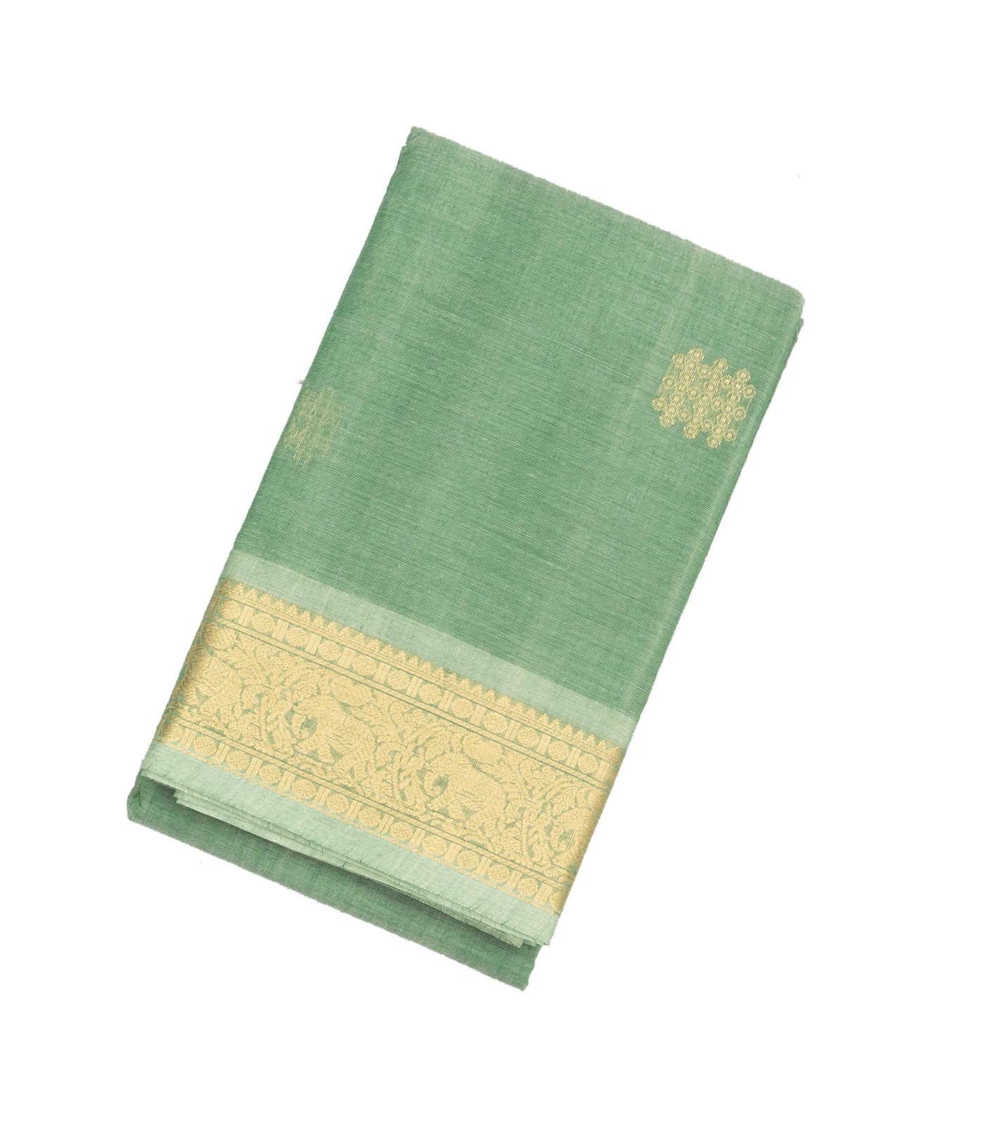 RmKV Light Green Handloom Kanchi Cotton Saree With Kolam Butta And Animal Motifs.