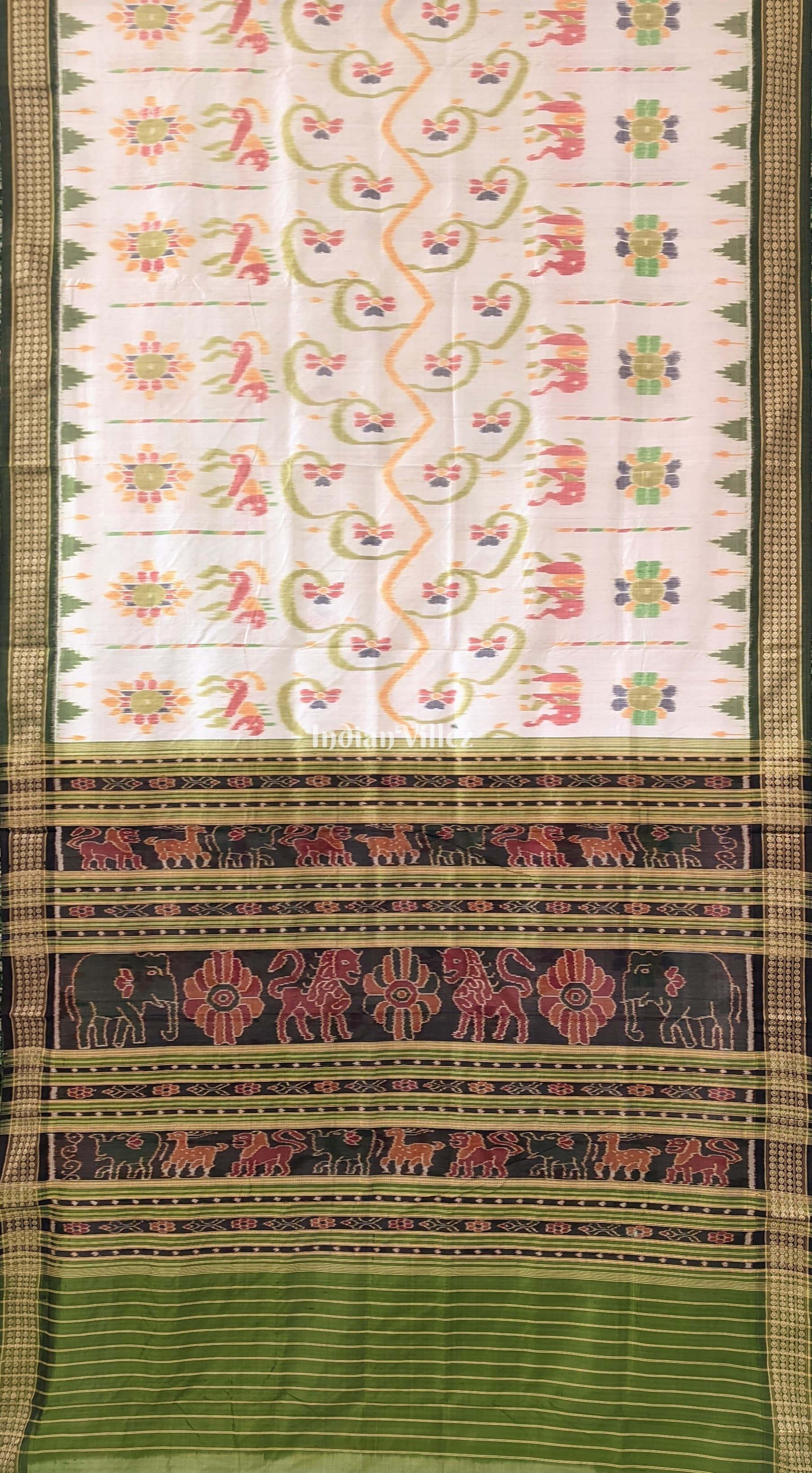 IndianVillèz Off-White Animal Flower Theme Khandua Silk Saree