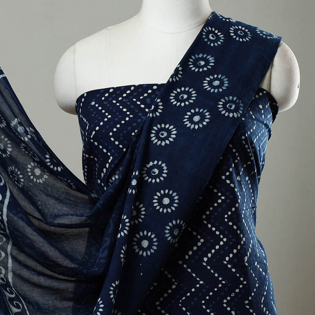 ARTISAN HAND BLOCK PRINTS Blue - 3pc Cotton Indigo Bagru Print Dress Material Set 10 - view 3