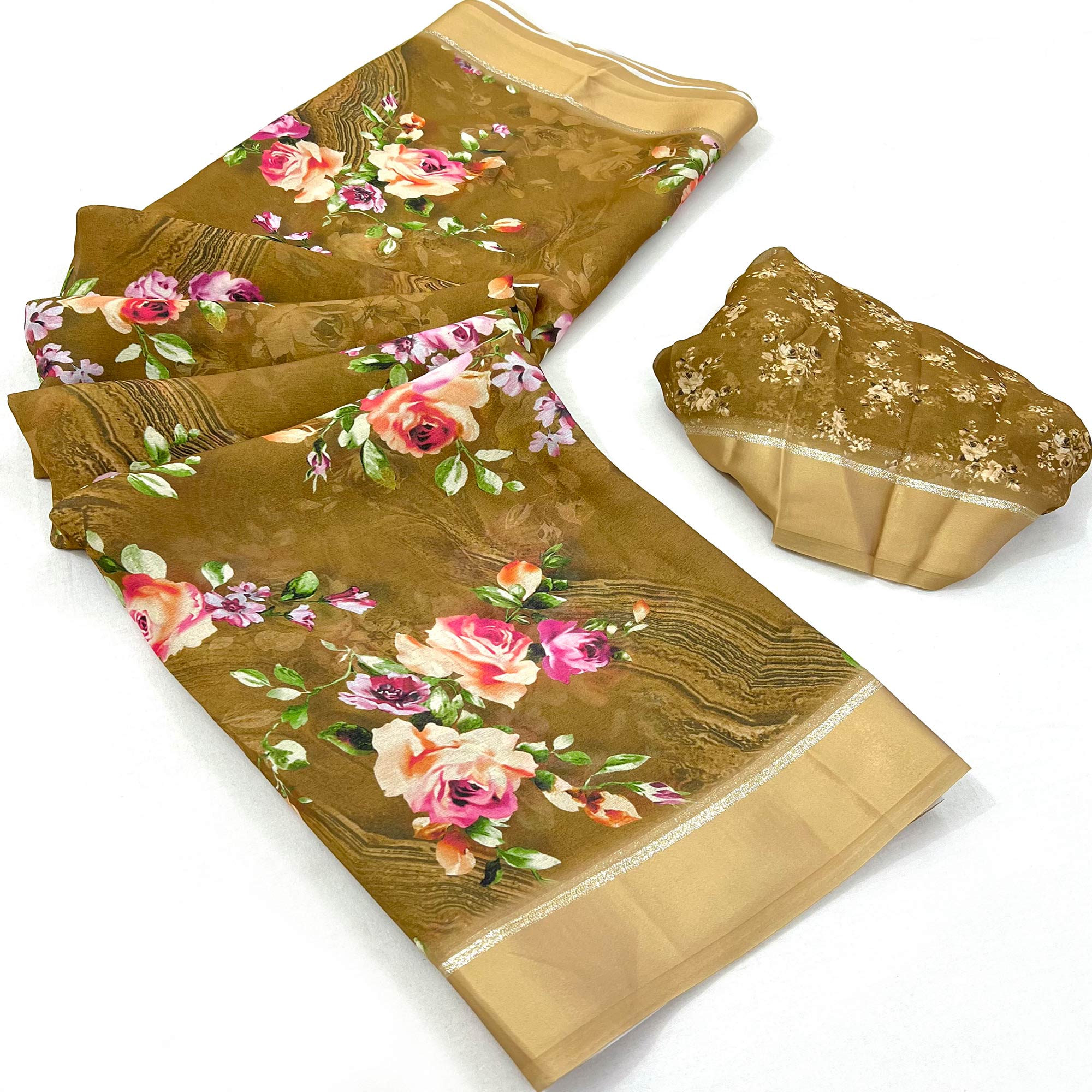 Peachmode Chikoo Digital Printed Georgette Saree - view 3