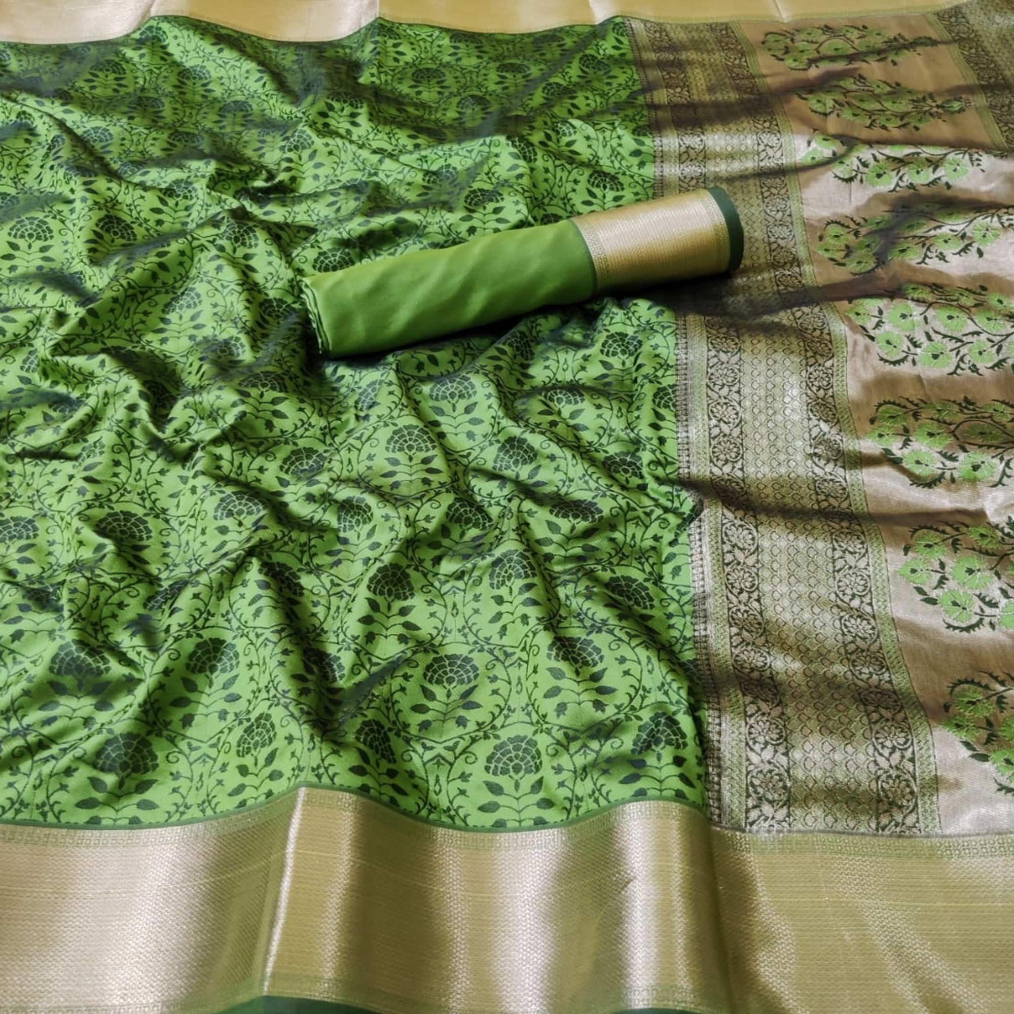 Peachmode Delightful Green Colored Festive Wear Woven Heavy Silk Saree - view 2