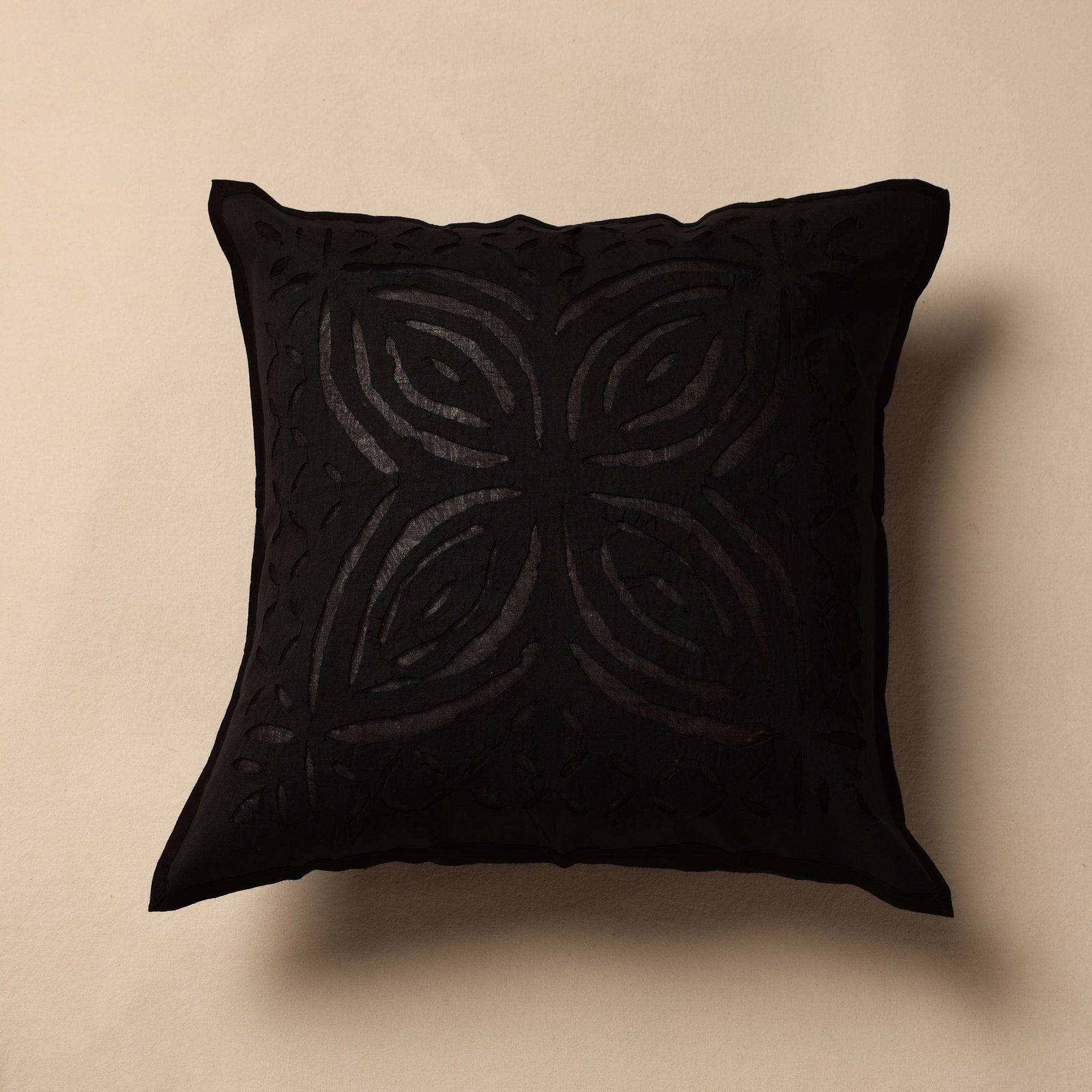 SHADES OF MARUDHARA Black - Cutwork Cotton Applique Cushion Cover (16 x 16 in)