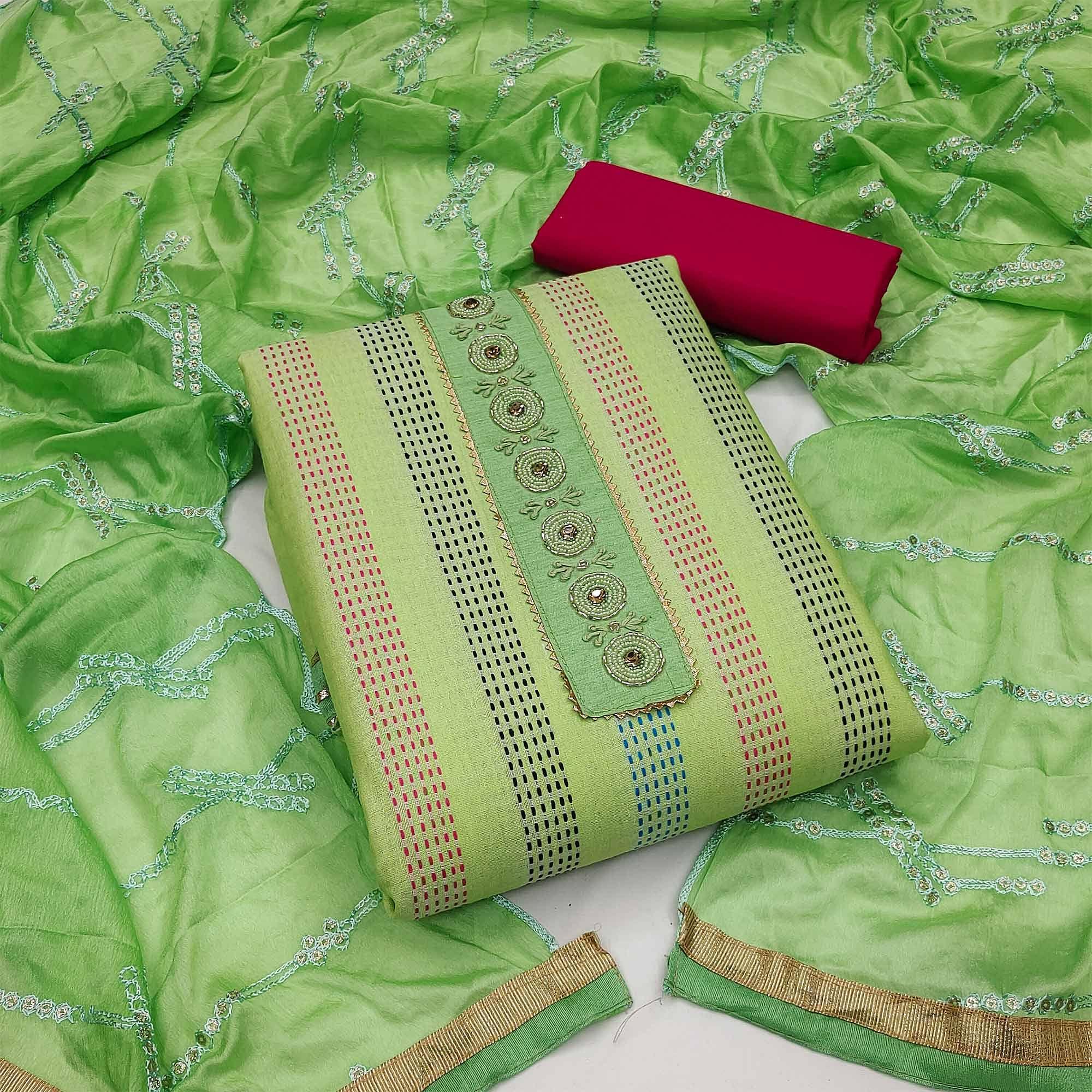 Green dresses – BlackTree green-festive-wear-embroidery-with-embellished-cotton-dress-material-142027