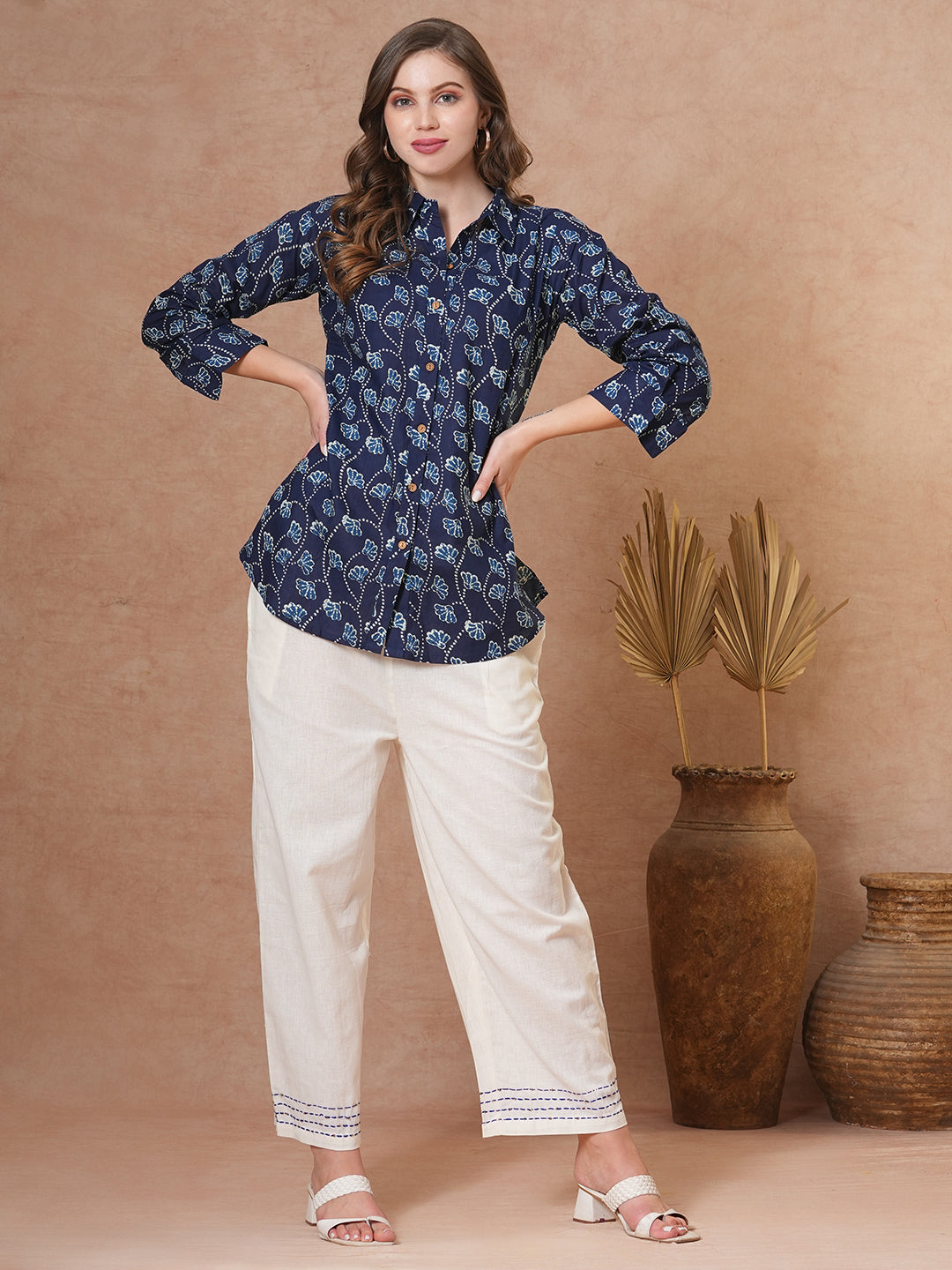 FASHOR Ethnic Floral Printed Straight Fit Shirt with Palazzo - Blue