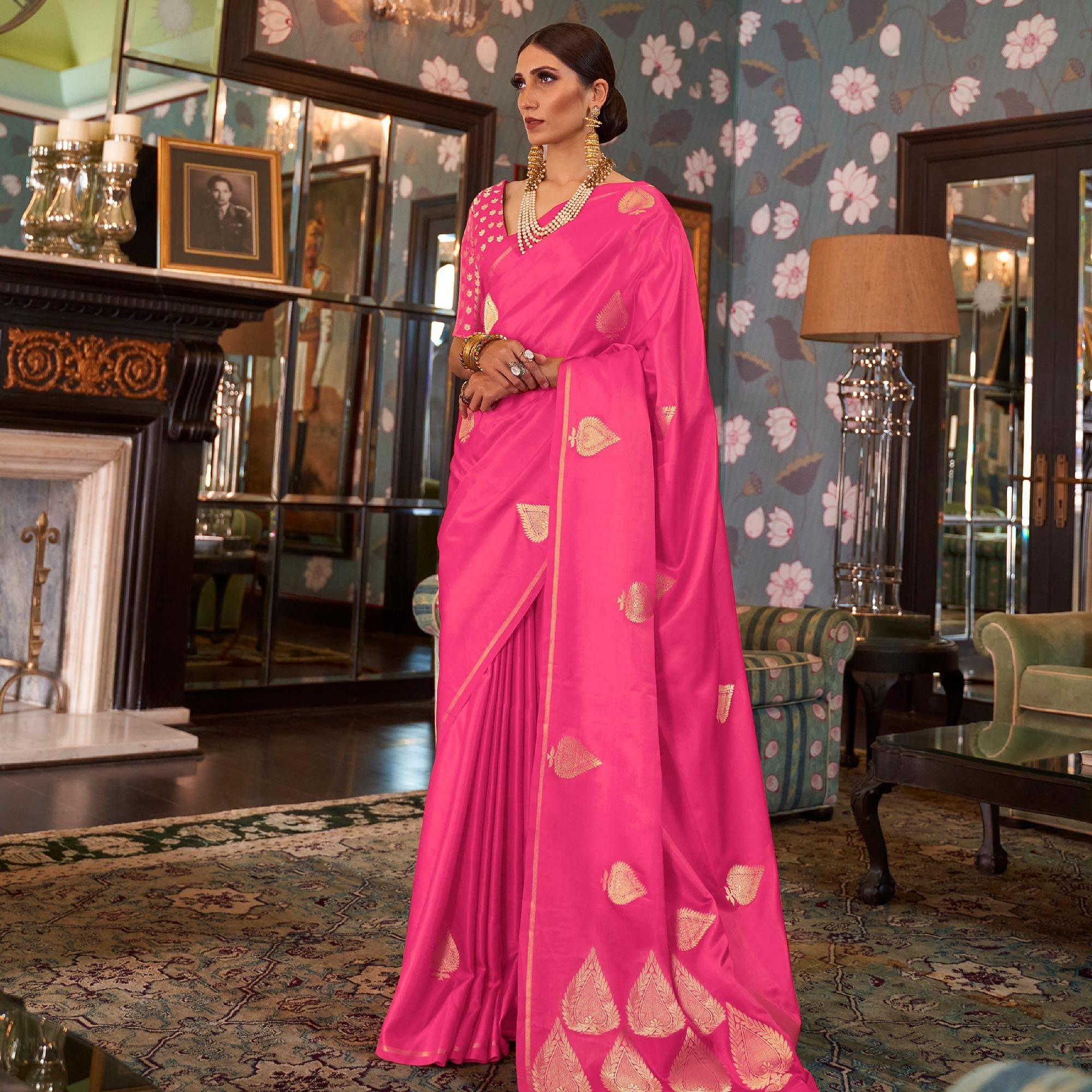 Peachmode Flattering Pink Colored Festive Wear Woven Pure Satin Silk Saree