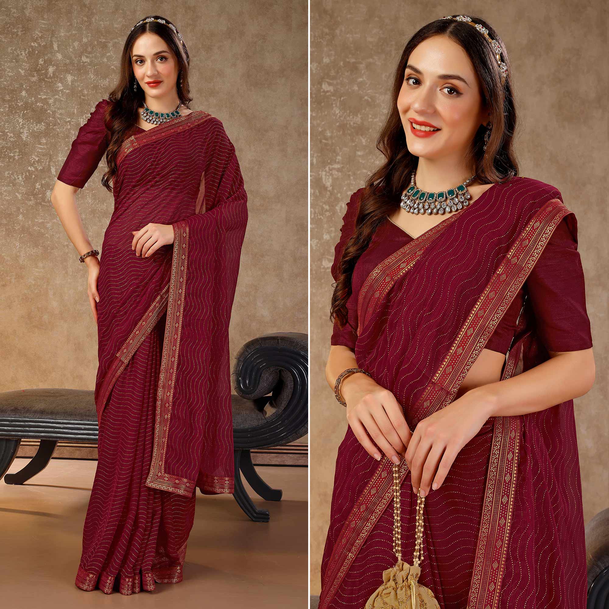 Peachmode Maroon Zari Embroidery Chiffon Saree With Lace Border