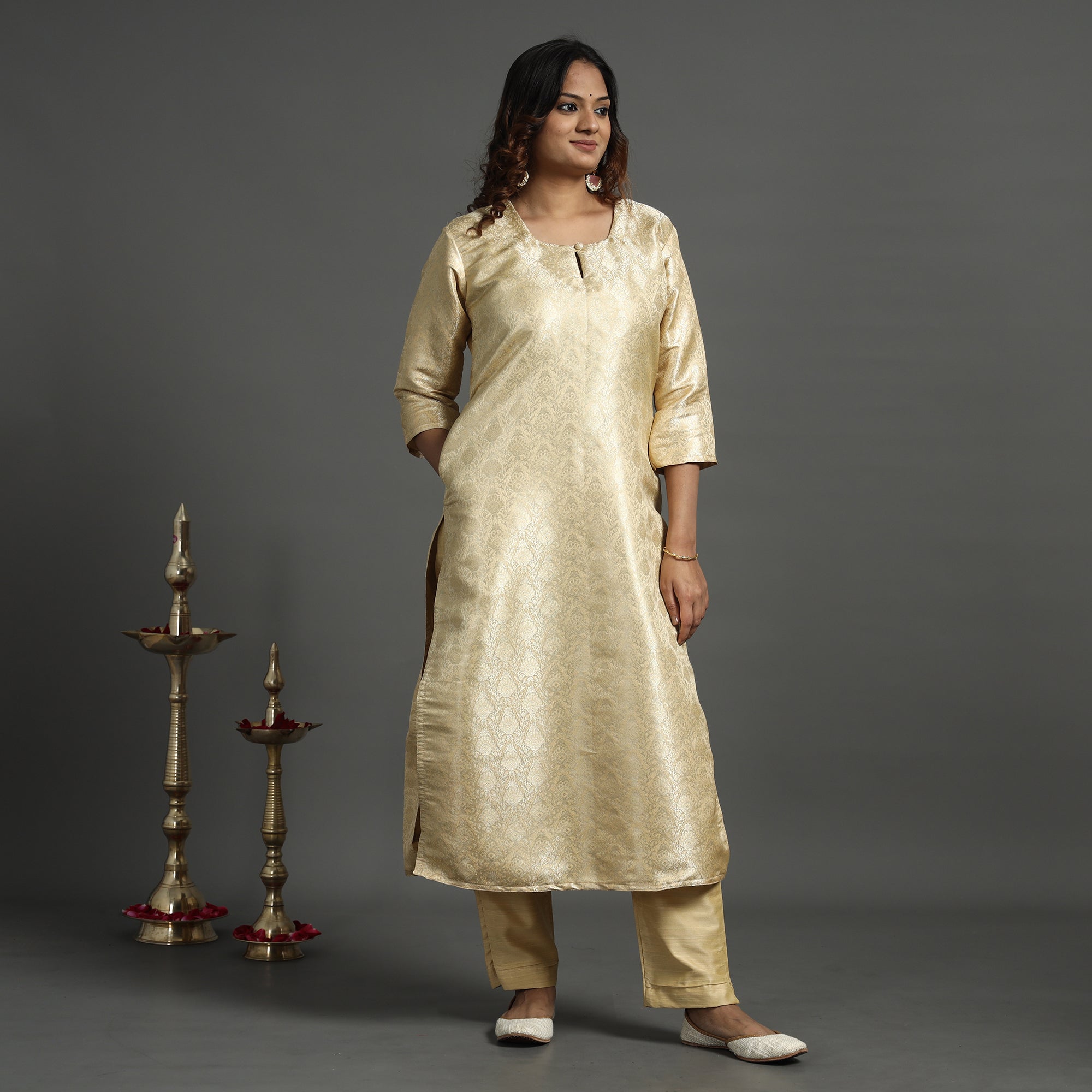 ITOKRI CASUALS Beige - Elegant Banarasi Brocade Silk Kurta with Pant Set